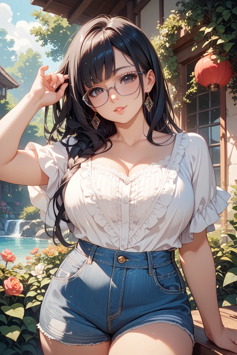 masterpiece, best quality, 8K wallpaper, HDR, octane rendering. A girl with glasses:1.2), wearing (buttoned white shirt), (open shirt:1.2), navel, (shorts:1.25), (sandals), camp, mountains, trees, bonfire, starry night sky, beautiful detailed scenery, the girl has (Short messy hair, low single braid hair, shiny black hair:1.4), (Beautiful and detailed face with perfect symmetry), (Beautiful and detailed big red eyes:1.2), (Soft lips, smile, teeth: 1.2), (body with perfect anatomy, perfect natural texture, high details, glowing skin) cinematic lighting, vivid colors, detailed illustration, depth of field.