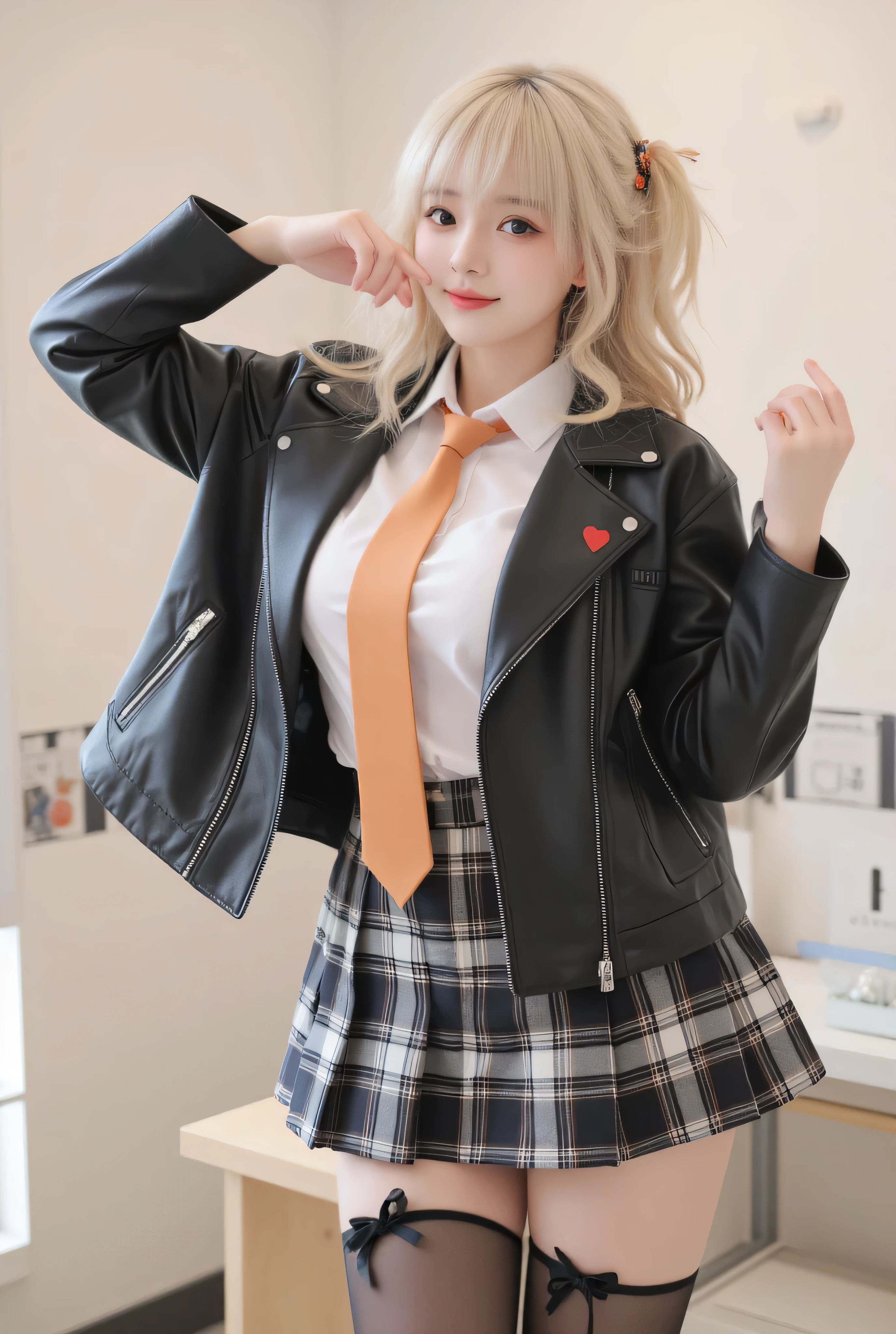 anime girl in a short skirt and jacket with a red heart, a hyperrealistic schoolgirl, hyperrealistic schoolgirl, realistic schoolgirl, girls frontline style, school girl, beautiful anime high school girl, render of april, from girls frontline, anime full body illustration, fine details. girls frontline, girls frontline cg, guweiz, cute schoolgirl,curly blonde hair with hair accessory, black leather jacket, orange tie, white blouse, plaid skirt, black thigh-high stockings with ribbons, playful and dynamic pose, hand near face, standing posture, smooth skin, indoor studio background, even lighting, lively and youthful atmosphere, full-body view