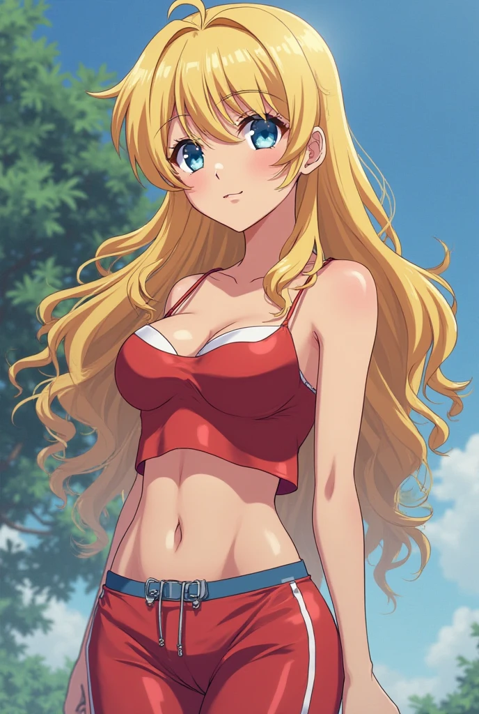 anime girl wearing a red tube top and jeans, long blonde hair, busty, neutral face, plain background.