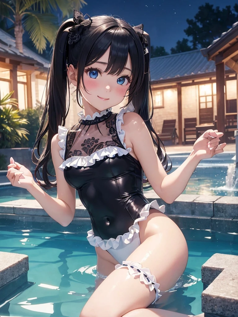 ((masterpiece)), ((highest quality、Ultra high definition)), (Very detailed),(8k、Photo quality)、((Amazingly cute girl)),1 girl)), Two people, , (Beautiful emerald blue eyes), ((smile、Small breasts)),In the open-air bath overlooking the sea, Beautifully arranged black hair in twin tails、Slim Body、(((Cute swimsuit with lace and frills)))、Professional Lighting、(White lace knee-highore detailed and beautiful)、(More details and cutenesore realistic)、((Just wear light clothing))、Frolic in the pool、((unbelievably cute))、((A cute pose))、((Night view))、(Have a drink to stay hydrated)、