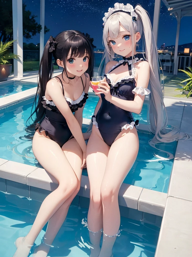 ((masterpiece)), ((highest quality、Ultra high definition)), (Very detailed),(8k、Photo quality)、((Amazingly cute girl)),1 girl)), Two people, , (Beautiful emerald blue eyes), ((smile、Small breasts)),In the open-air bath overlooking the sea, Beautifully arranged black hair in twin tails、Slim Body、((Cute swimsuit with lace and frills))、Professional Lighting、(White lace knee-highore detailed and beautiful)、(More details and cutenesore realistic)、((Just wear light clothing))、Frolic in the pool、((unbelievably cute))、((A cute pose))、((Night view))、(Have a drink to stay hydrated)、((シャワーを浴びている))、