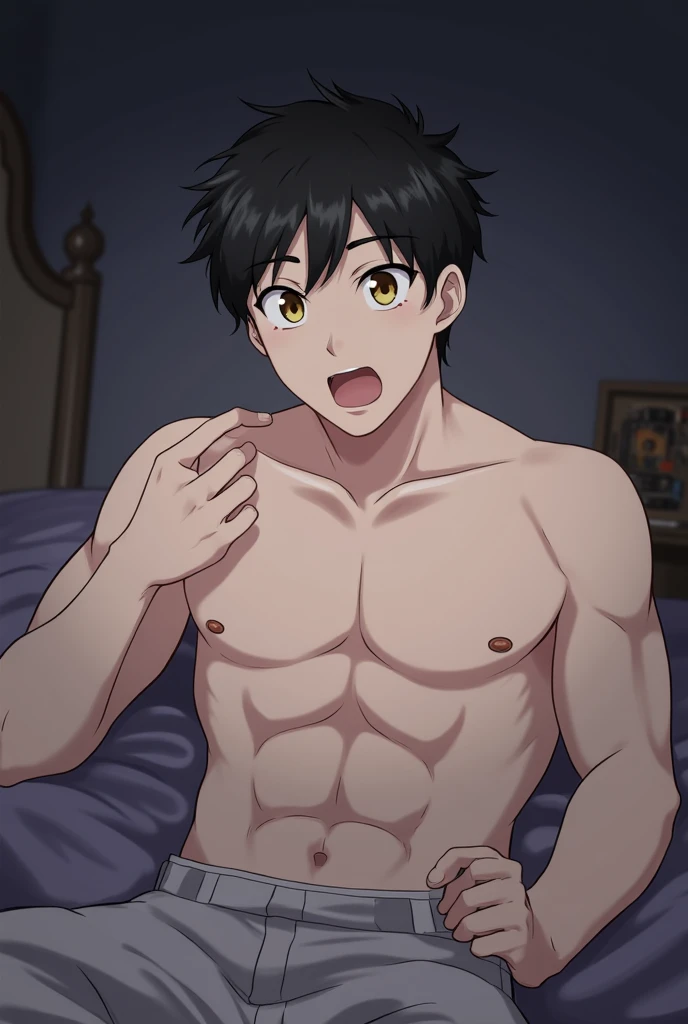 score_9, score_8_up, score_7_up, source_anime, 1boy, dominant white male, male, huge penis, enormous ligh skinned male penis, precum, smug, muscular light skinned male, sexy, nude, sitting on loveseat, indoors,  horny, big dick,twink, lean, twink boy, yumejoshi, femporn,  marceline, marceline abadeer, purple eyes, 