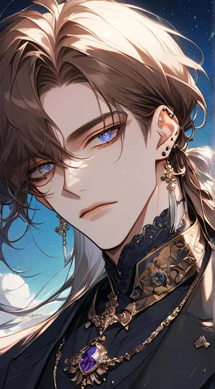 lamplight, Close-up cleavage, Handsome men, gold eyes, (Detailed eyes, The eyes are bright:1.2), Medium long black hair, pale-skinned, ear piercings, medium skin, dark blue coat, Meticulous suit, gold accessories on clothes, dark blue ties (perfect anatomia:1.2), Highqualityshadow, natural lightting, (White highlights:1.2), natta, overcast day, (arm tattoos:1.2), (starrysky:1.2)