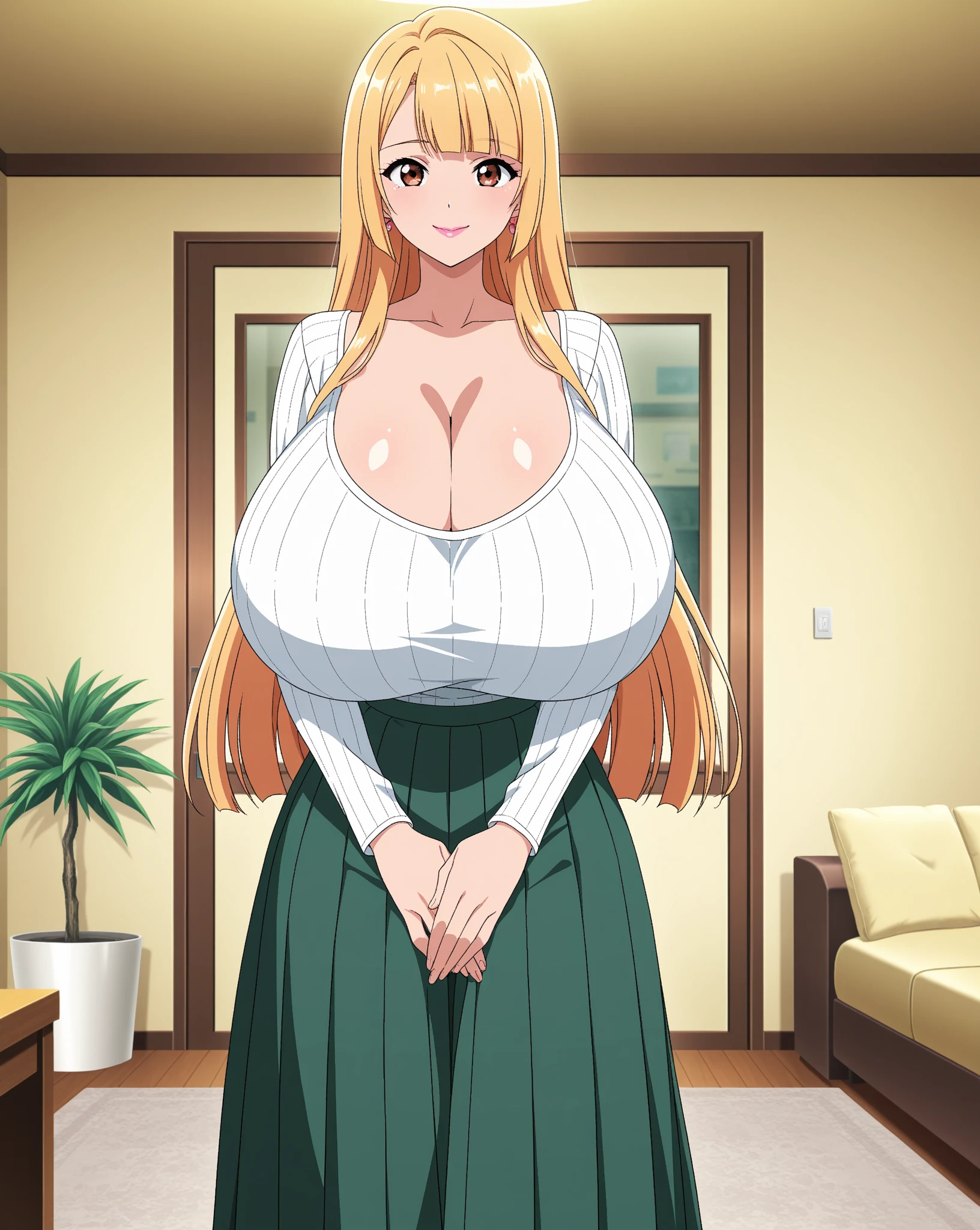 Huge tits, Busty, best quality, (masterpiece:1.2), highly detailed, 1girl, kotegawa nanaka, looking at viewer, slight smile, open mouth, brown eyes, long hair, indoor, room, bedroom, wardrobe, close up face