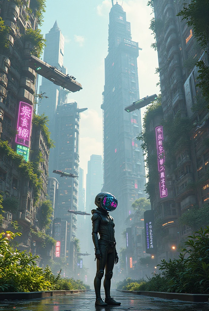 Create a captivating and relaxing futuristic scene in a 1,152 x 2,048 pixel image. In the center, a vibrant cityscape thrives with sleek skyscrapers that reach towards the sky. Neon lights illuminate the streets, casting a mesmerizing glow across the scene. Futuristic vehicles glide effortlessly through the air, adding a sense of energy and movement. Surrounding the city, a serene natural landscape unfolds. Lush green fields stretch into the distance, adorned with towering trees that emit a soft bioluminescent glow. The trees possess an otherworldly beauty, their luminescent leaves and branches pulsating with an ethereal energy. The combination of the cityscape and the tranquil natural surroundings creates a harmonious balance. Humans and machines coexist in this futuristic world, seamlessly integrating technology into their daily lives. People can be seen engaging in leisurely activities, such as taking leisurely strolls through peaceful parks or reclining in futuristic seating designed for comfort and relaxation. Their attire reflects a fusion of sleek fashion and cutting-edge technology, showcasing a harmonious blend of style and functionality. Throughout the scene, gentle orbs of light float gracefully in the air, reminiscent of fireflies. These ethereal orbs emit soft, calming hues, creating a sense of tranquility and serenity. They move in a harmonious dance, further enhancing the overall atmosphere of relaxation and wonder. The air is filled with ethereal music that seems to emanate from unseen sources. Melodic tones and soothing melodies weave through the scene, enveloping everything in a calming symphony. The music enhances the sense of tranquility, inviting viewers to immerse themselves in the moment and find inner peace.