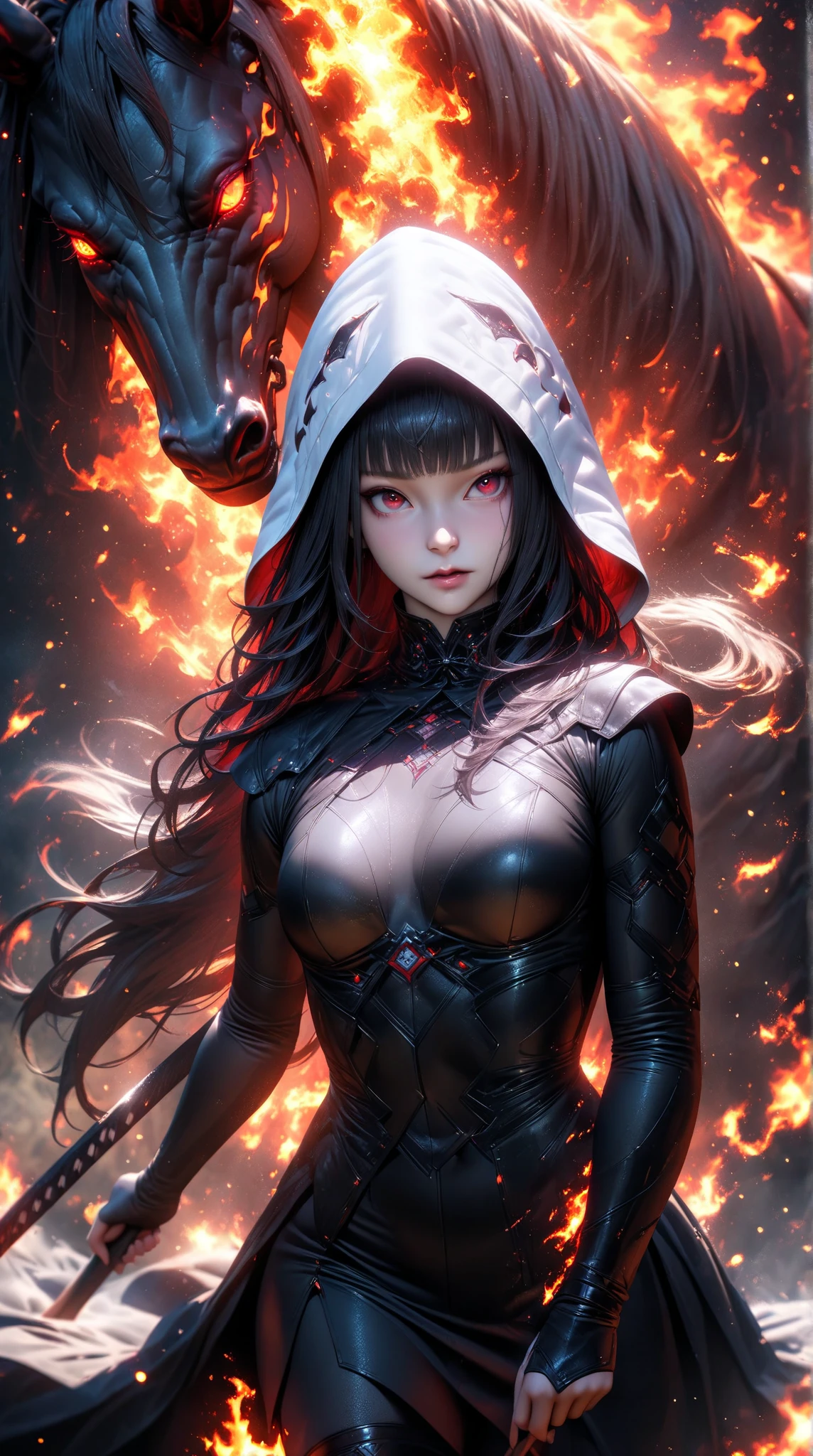 digital art, anime of beautiful girl as The Death, The death in black hoodie cloack, long robe, iconic stance, skull face, long white hair, holding scythe in hand, best quality, a gradient movement of transition color background, dark moon background