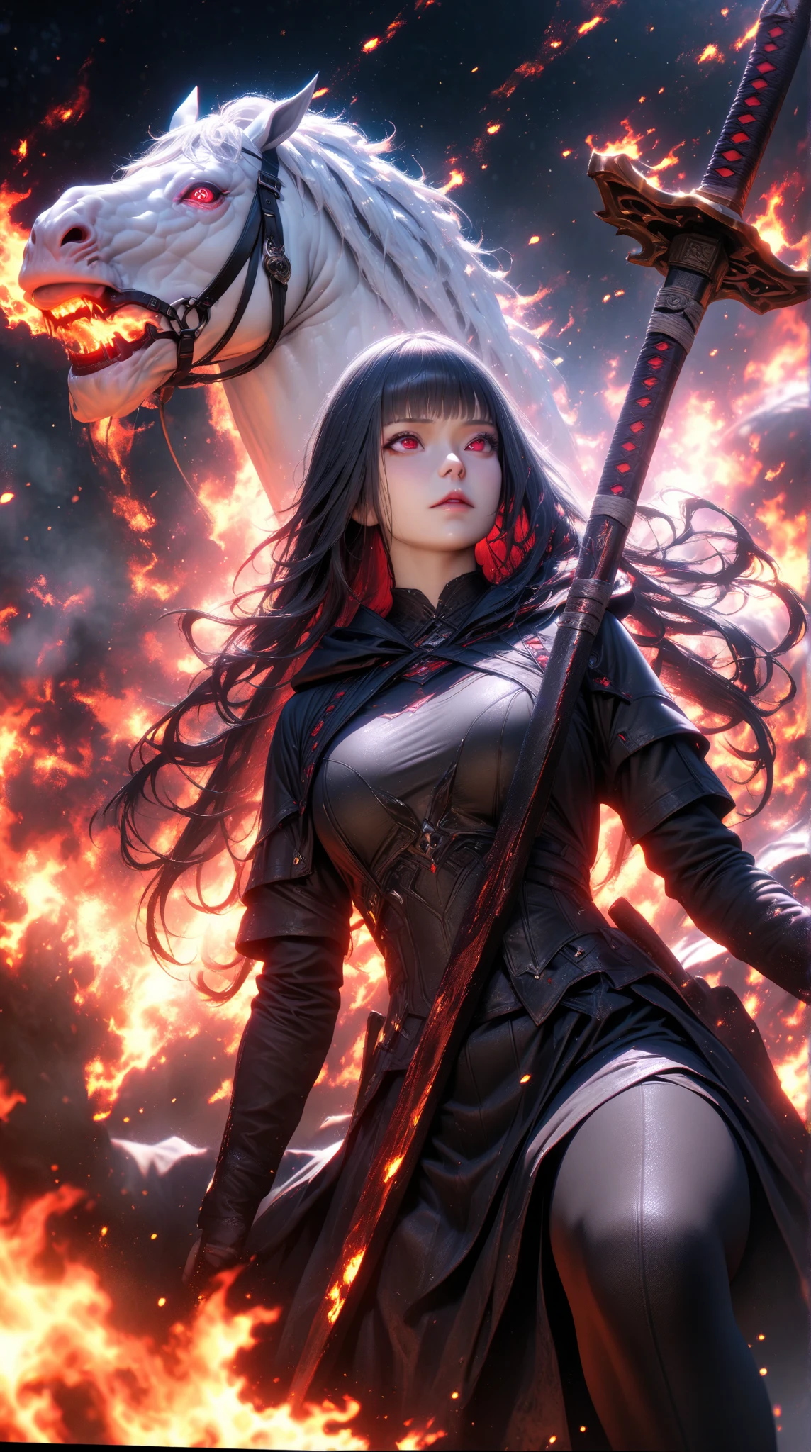 female, Holding a black sickle emblazoned with a symbol of Japan signifying death, Black flames emerge from the decoration., The sickle blade comes out of it.、A black wind blows with the ghost of a skull, Judy female with perfect face and scythe is wearing the appropriate outfit of scythe steel, The female has black hair, The woman is the incarnation of the Grim Reaper., (The background of the CG 8k module is very detailed) (Highest quality), (Best illustrations), (best shade), Very detailed t--v6