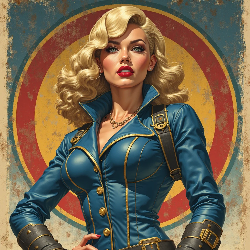 Giant breasts on a slim body. Young, blonde girl in war torn combat suit. Breasts are so big they tear clothes. There are explosions in the background. In the way of Russ Meyer. who. Sculptural body in a half-sided pose dodging a blow.
