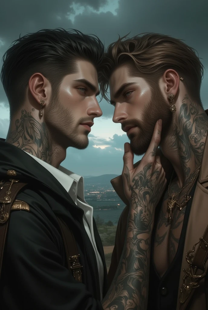 What would an average 2 man look like wearing thin, square glasses?, who is a powerful sorcerer who is in love with his best friend, a tall, strong man who is a military man and has a wolf tattoo on his chest, has medium black hair