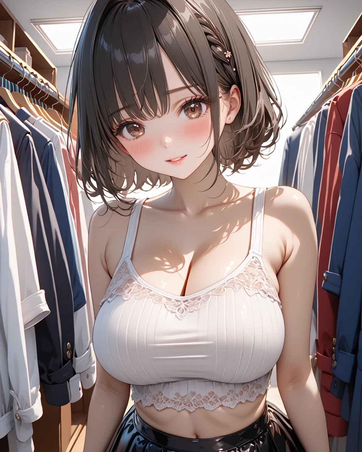 Browsing Caution,Highest quality、In 8K、masterpiece、Ultra-high resolution、RAW Photos、(Realistic:1.3)、Natural soft light、(Written boundary depth)、thin、Detailed face and eyes、Realistic、Sharp pupils、Inside the warehouse、Young Face、Beautiful 17 year old girl、Glowing Skin、(Shortcuts:1.5、amount:1.5)、Beautiful brown hair、Red Eye、(blush:0.7)、((A kind smile:1.2,blushする:1.8))、Sweat、(Thighs:0.8)、(Huge breasts:1.7)、((Upper Body:1.4)))、(Erect nipples:1.4)、(Small Nose:1.5、Small Nose)、Facing forward、Top view、(ass pov,1 boy, penis, breasts blowjob, paizuri:1.5, ((penis is between breasts)), penis in breasts, breast squeeze)、Focus on the chest