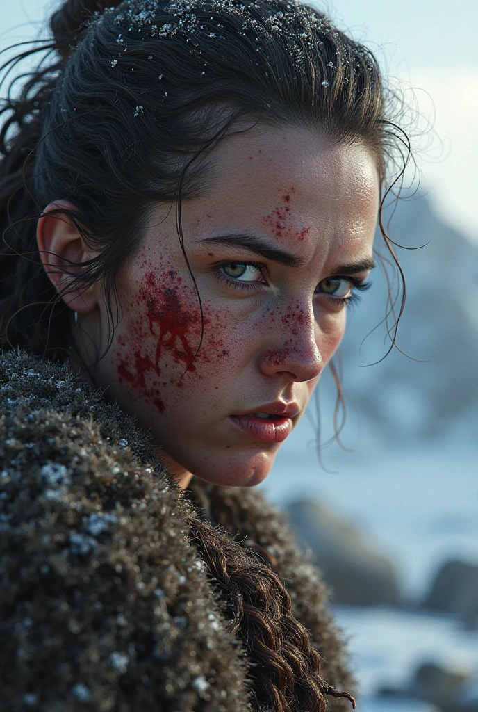 Daisy Ridley as Star Wars Ray, bloody beaten and battered, bandaging her wounds and crying patch over one eye, desert world