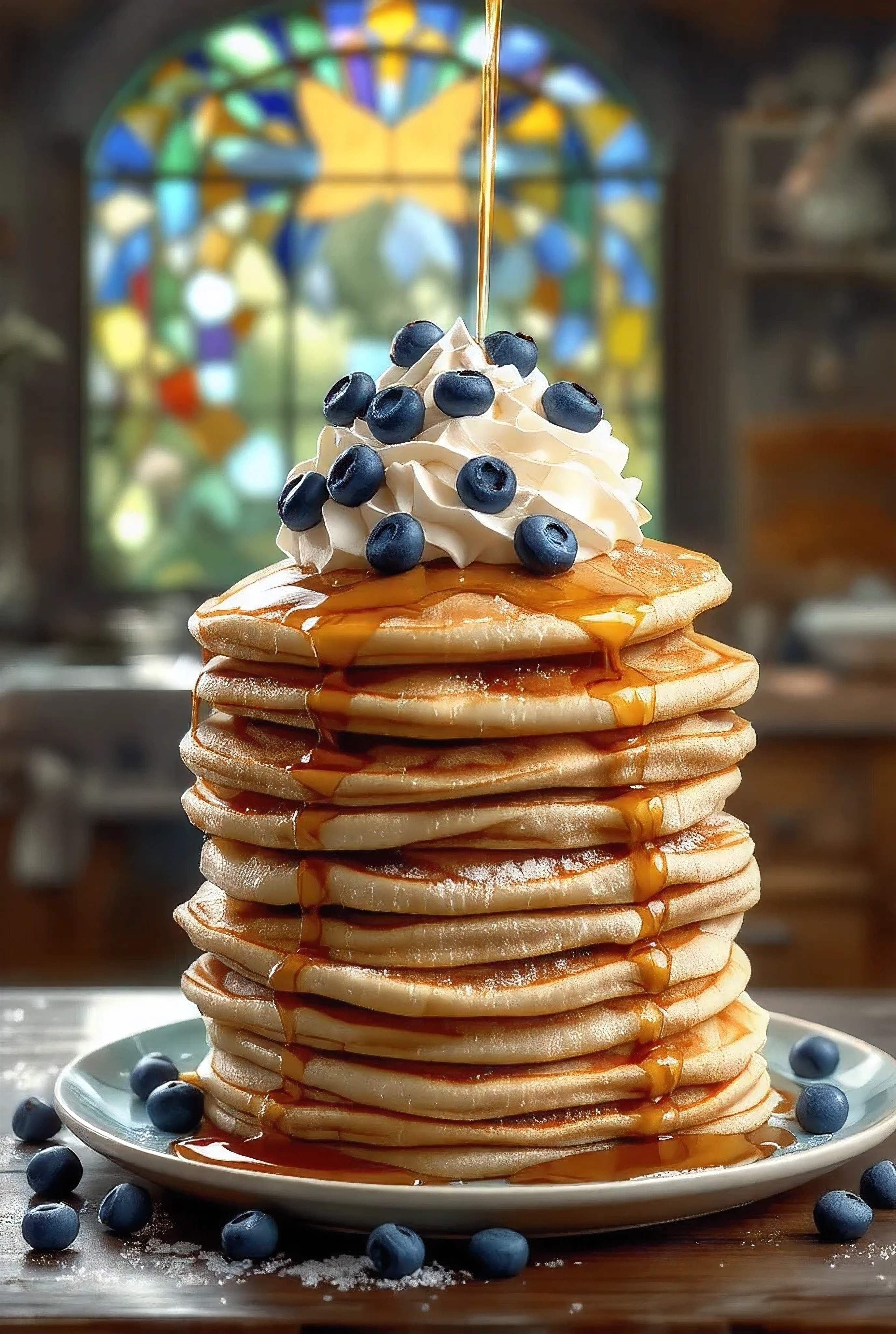 pancake day, detailed pancakes, golden brown pancakes, fluffy pancakes, stack of pancakes, syrup drizzled pancakes, powdered sugar dusted pancakes, pancakes with blueberries, pancakes with whipped cream, pancakes with chocolate chips, 4k, ultra detailed, photorealistic, studio lighting, vivid colors, warm lighting, cozy kitchen interior, rustic wooden table, morning sunlight, comfort food, breakfast scene, traditional cooking, homemade food stained glass window with a dog drawn in it、Mosaic inspired by the sparkling stained glass background of , Dan Mumford , Popular watercolor granulator on splatter dripping paper , pixel art, Dragon Art, Stained Glass Art, fire stain glass , A giant dragon in the background , Dragon in the Background , 4k detailed art, Detailed Color, depicting dragons , By mosaic , Dragon in Dragon's Den