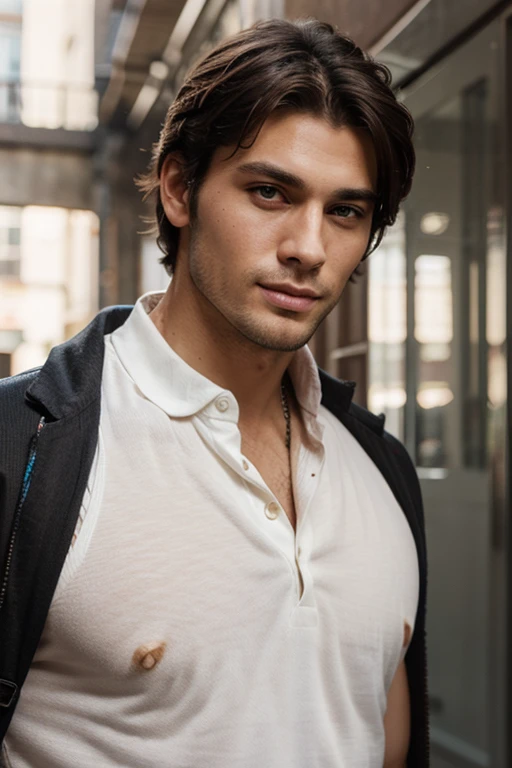 Handsome Man 38, lean muscular body, tan skin olive, his eyes are blue, 1.90m, his hair is dark brown with natural waves below his shoulders, a little stubble unshaved, wearing a black suit, white shirt