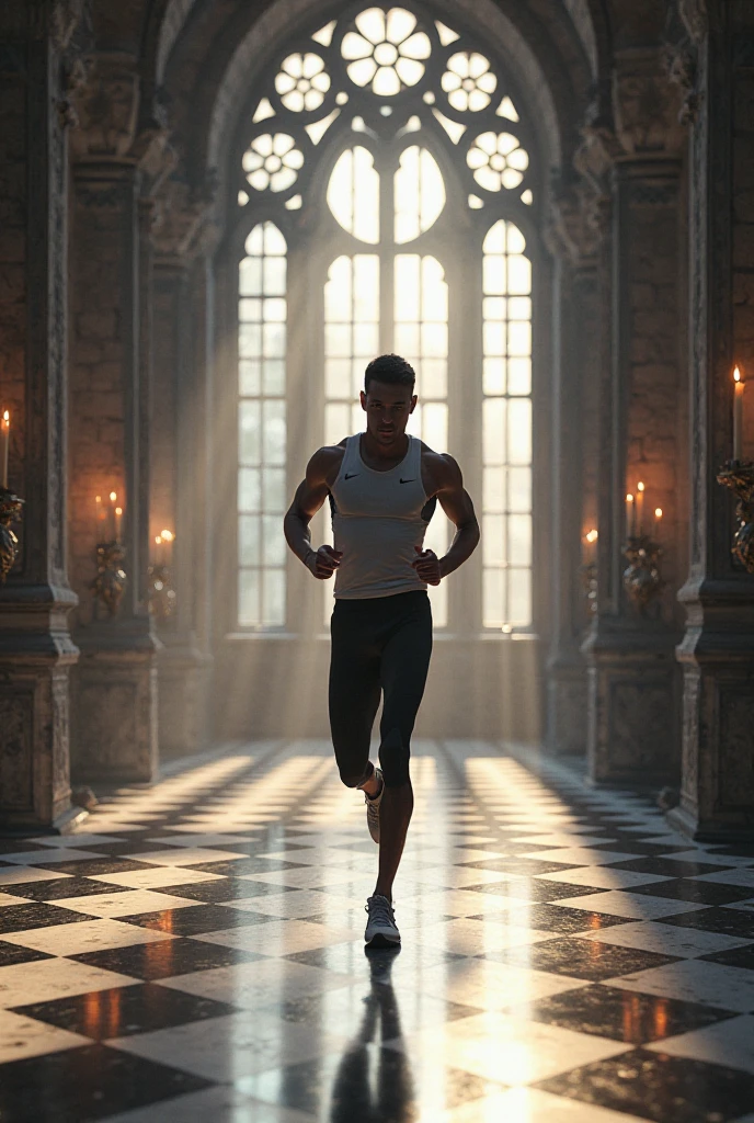 runner, castle, large windows, candlesticks, black and white floor,