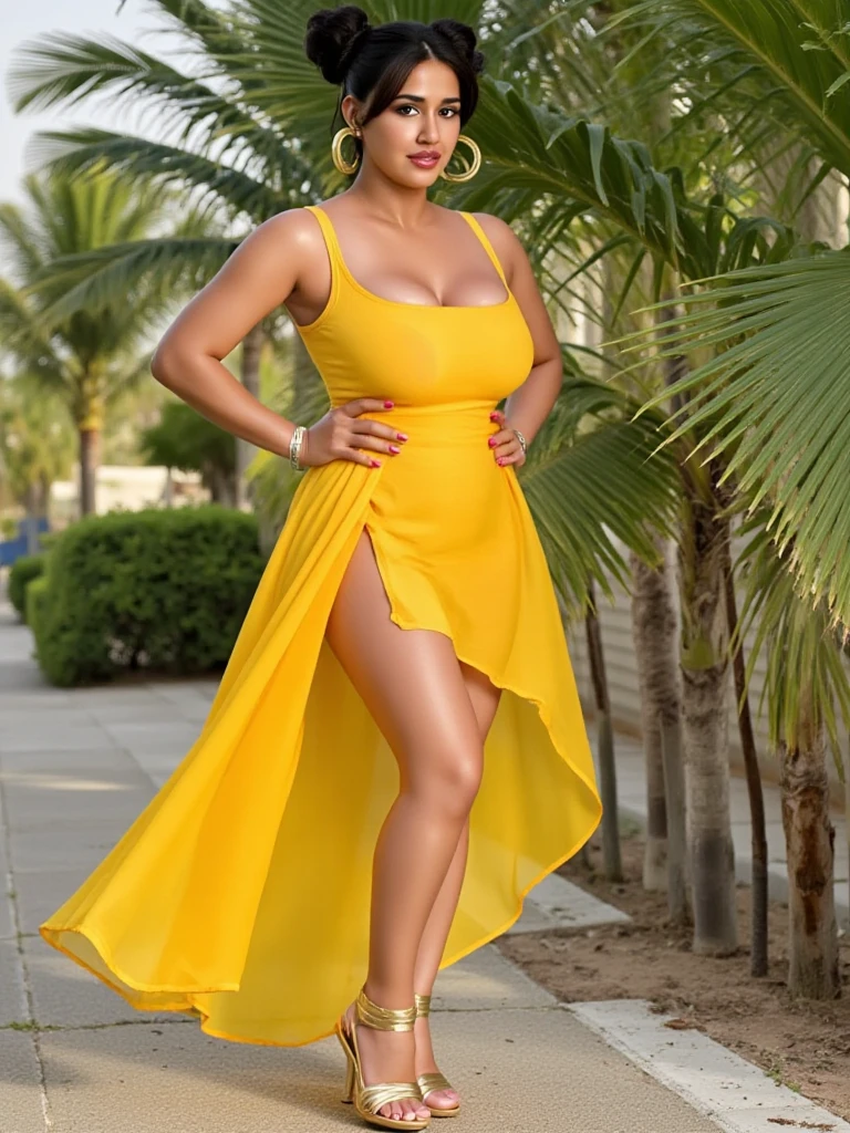  indian woman 45 years old milf, curvy_figure, big black eyes wearing mascara,red lipstick, wearing orange sleeveless saree, huge , cleavage naval show, abnormally wide hips , AanyaaSanaya, hips, visible waist, naval line visible, thighs, bra ,sexy bhabhi , full body potrait, curvy ,wide waist, thick big hips , wide hips 