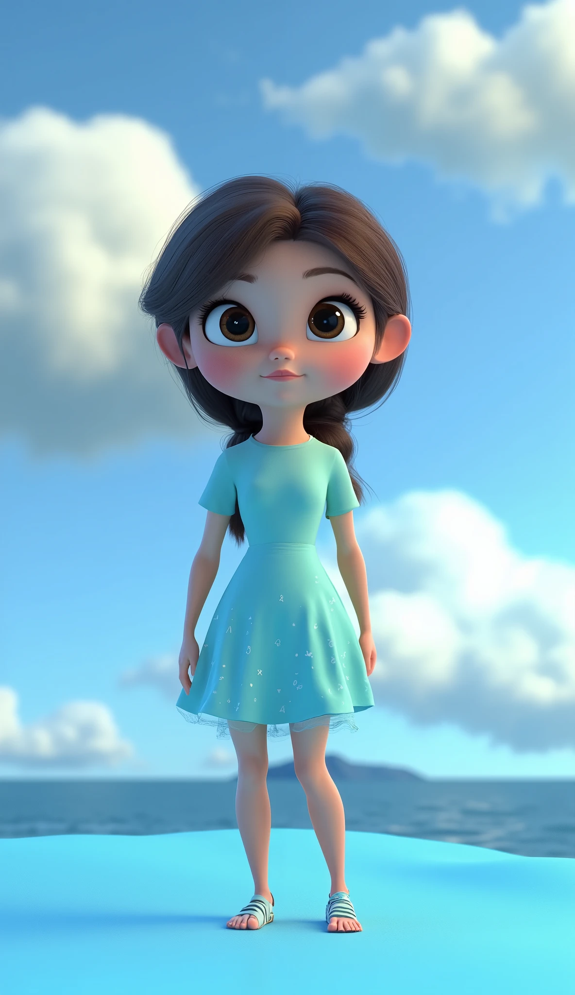 close up face of A young girl standing on Soft Aesthetic matte pastel blue, front view focus, with a delicate cloudy sky background
