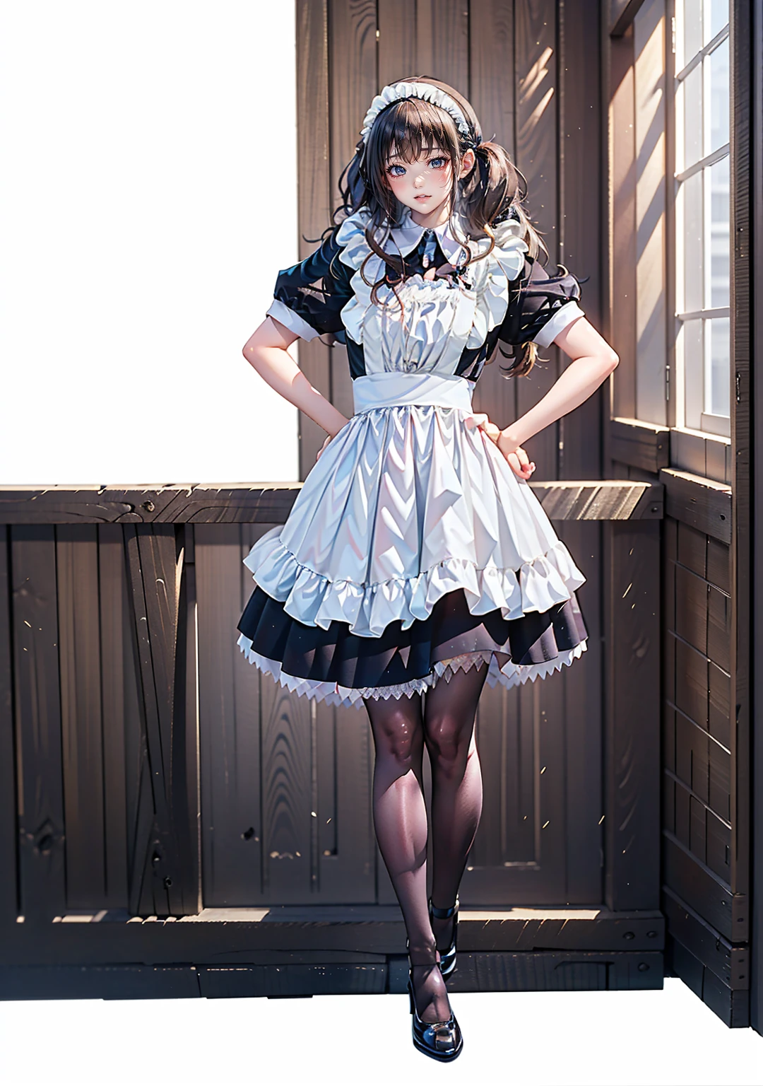 1girl, Loli, black pantyhose, tall body, real photos, realism, perfect figure, real detailed skin, tutu, tutu, tutu, maid hair accessories, wedding tops, crystal shoes