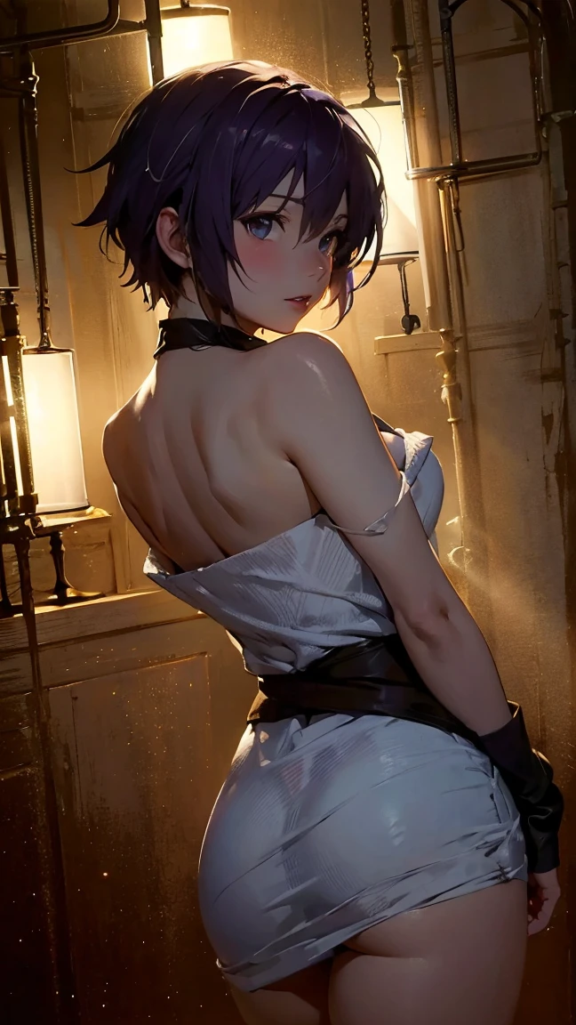 (masterpiece, high resolution, photo-realistic:1.4), Rem from the anime "RE:ZERO," dressed in only a revealing bra and thong, her large breasts slightly squeezed by the small bra, the thong showcasing her curvaceous and round buttocks, her slender body accentuating her allure, situated in her bedroom, the ambiance illuminated perfectly by candlelight, creating a sensual atmosphere, depth of field (DOF), super-resolution, high megapixel rendering, cinematic lighting, anti-aliasing techniques (FKAA, TXAA, RTX), SSAO (Screen Space Ambient Occlusion), post-processing effects, tone mapping, enigmatic expression, captivating gaze, seductive pose, elegant room decor, subtle shadows, warm candlelight glow, intimate setting.