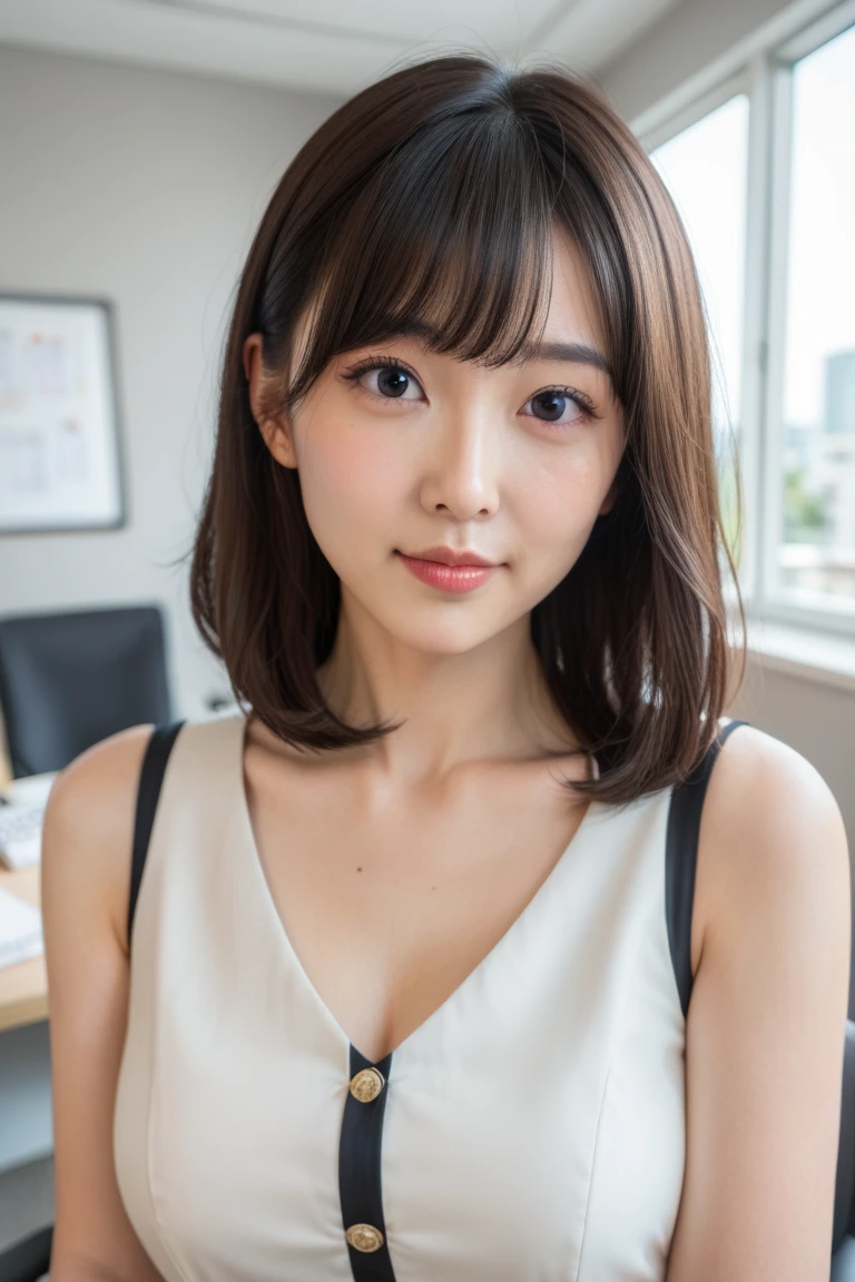 masterpiece, Best Quality, 8K, 1girl, 14 yo, Raw photo, Professional Photography, Portrait, Soft light, Professional Lighting, Solo, relax, Calm, Smile, Cute, Girly, Goddess, Delicate girl, Neat and clean beauty, Digital SLR, Looking away, Sophisticated, Film grain, (Eyes and faces with detailed:1.0), bangs, hotel lobby