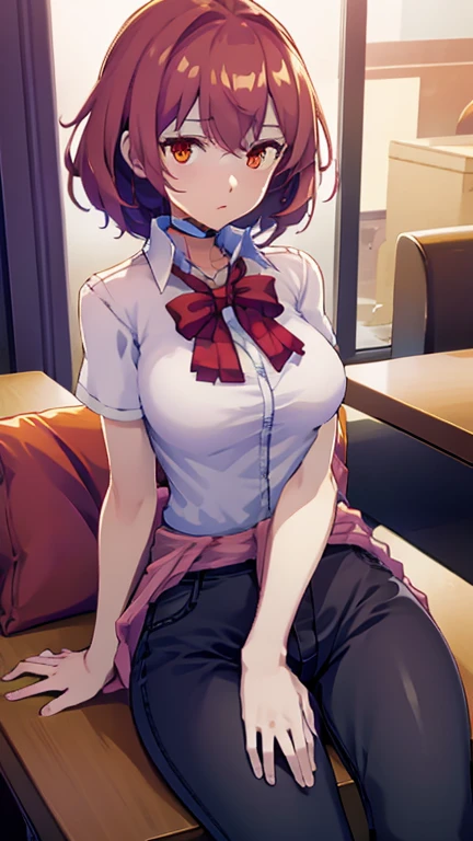 from below,nitengojigen_ririsa, purple eyes,(purple hair, short hair), bangs, short sleeves,(white shirt,Collared shirt,open clothed),navel,bow,tie,white bra,white panty,(upper body:1.3),smile,blush,sitting,(spread legs:1.3),(legs up),(cameltoe:1.3),masterpiece,Noise Reduction,perfect anatomy,high resolution, ultra-detailed, ultra-detailed face,game cg,dutch angle ,beautiful detailed eyes,visualart,five fingers, perfect hands, perfect lighting,