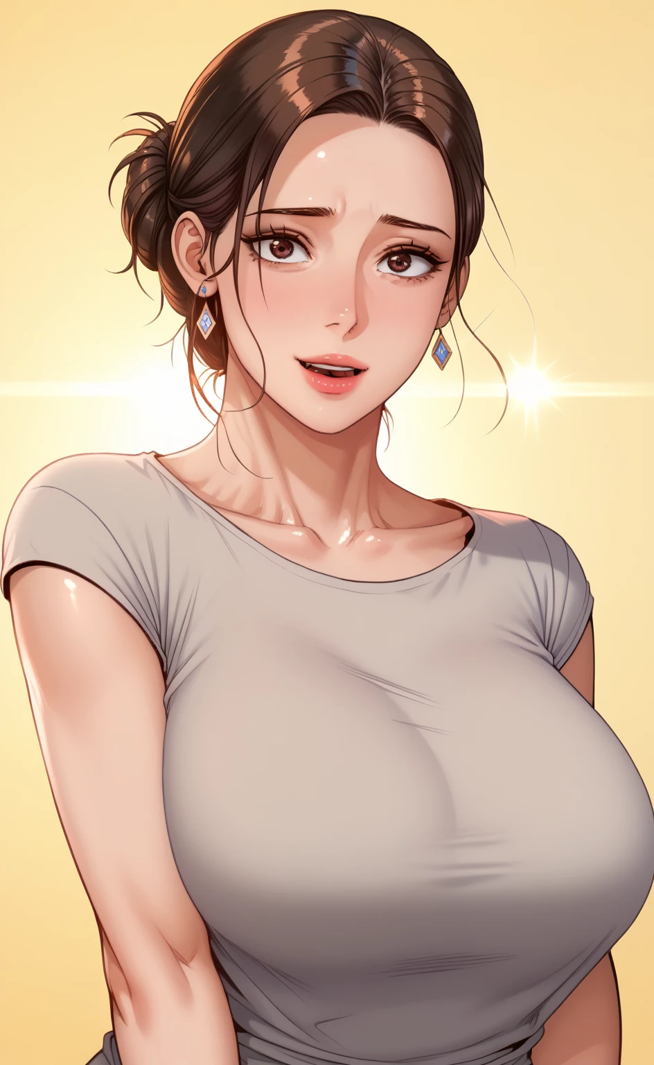 upper body, solo, 1girl, looking ahead, smile, blush, flat chest, covered nipples, backlighting, Lily_Stargazer \(flower\), floral background <lora:milfkitchen_style_v01:1>