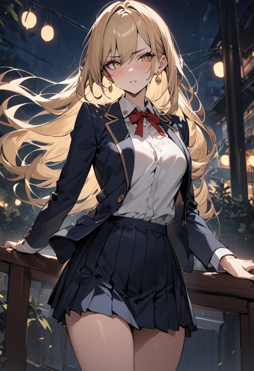 ((Perfect Anatomy:1.2,Realistic:1.3,RAW Photos:1.3,masterpiece、highest quality、Ultra - High resolution、High resolution、Highly detailed CG、8k)),Cowboy Shot. 1 female,alone,18-year-old、high school girl,beautiful girl,Japanese,((Beautiful face and eyes:1.2,Big beautiful eyes:1.3,)),blonde,Twin tails,(Center parted hair:1.4,amount),Small Head:1.3,thin,((Dark brown skin:1.4)),(Oily skin,Glowing Skin,Shiny skin),(school uniform、Dark blue blazer jacket、Checkered pleated mini skirt), Perfect Anatomy,Correct Anatomy,Perfect Face,Perfect Arms,,Perfect Fingers,Perfect waist,Perfect Thighs,View your viewers,((anger:1.5)),((Embarrassing 1.1)),((The facial features are also depicted in detail.)),((blush:1.5)),((Lift the hem of a skirt)),((Show off your panties to your audience)),((75 degree angle from bottom)),((Show viewers white panties)),Are standing. The background is a dirty back alley,((night)),((dark)),Tokyo.