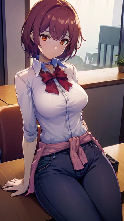 model shooting style, (masterpiece:1.3), (disorganized:1.3), (highest quality:1.3), (8K), (large masterpiece digital art), (detailed manga figure), (treated hair), perfect anatomy, (intricate details:1.3), (super detailed:1.3), (figure:1.3), (sharp focus:1.3), (Bright colors:1.3), 1 girl, alone,  azki, Idol, (short hair:1), hair between eyes, colorful hair, (two tone hair, pink hair, black hair), purple eyes, floating hair, lean back, (Sweat, Sweatdrops), (Wet, Wet clothes, Wet hair, shiny), (shy, embarrassing, blush), Cheerleader, pink nipple, Completely naked, Shaved, indoors, (classroom, school desk, school chair, window)