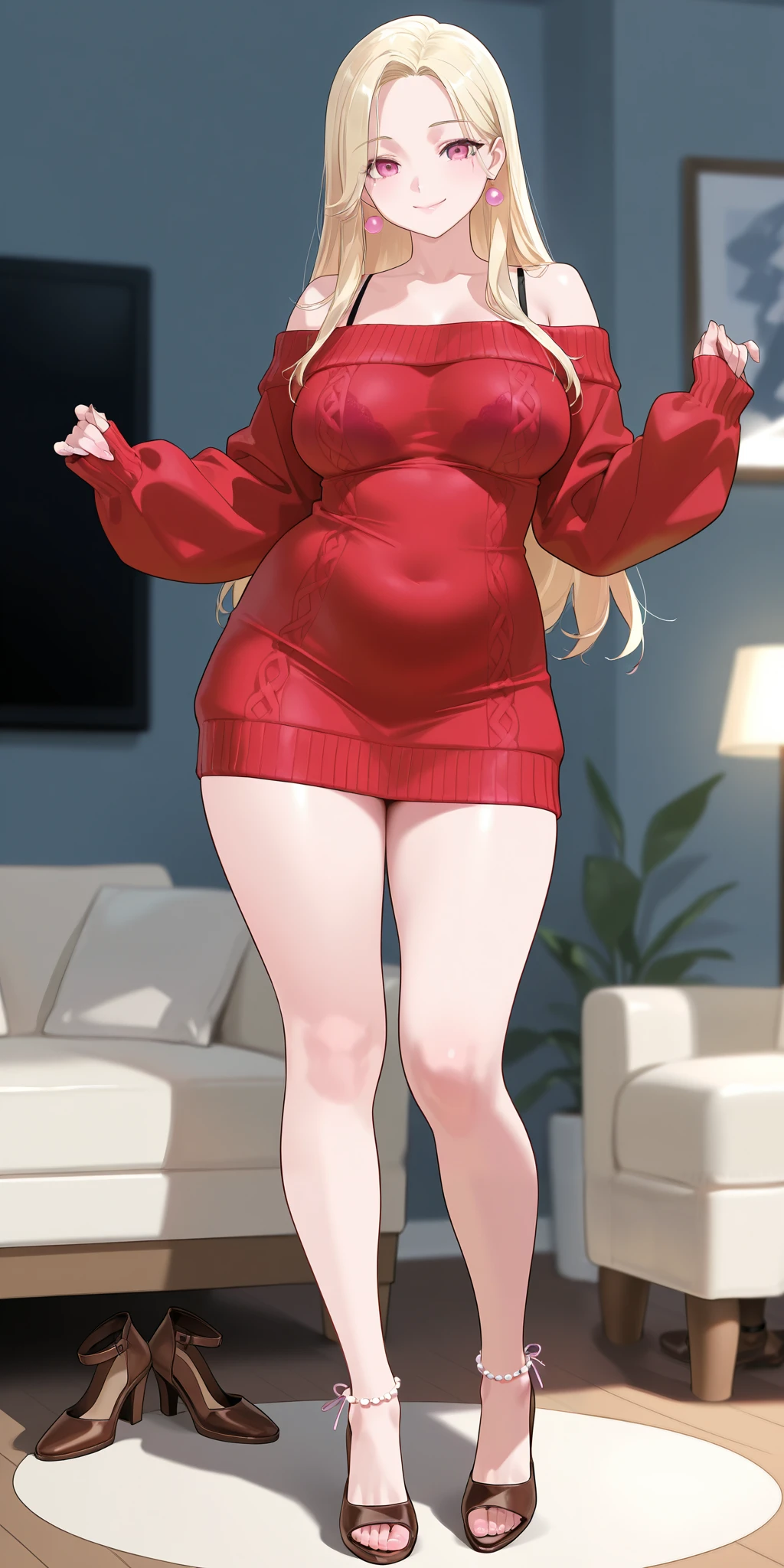 An extremely beautiful woman with blonde hair. She has extremely fair white natural skin, big pink eyes, big plump candy-red glossy lips, medium breasts, and a perfectly slim slender curvy body. She's only wearing an oversized tube off-shoulder red sweater, visible bra straps, feet anklets, and brown heels. She's standing straight, mouth closed, smiling, and a living room in the background. Show her full body.