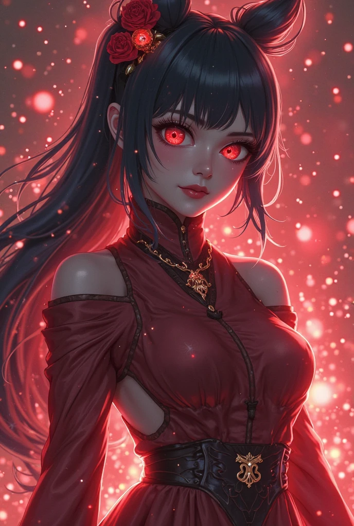 Anime version of JUJUTSU NO KAIZEN, A white woman, with a good figure, long black hair with thin white strands in her bangs, bright yellow eyes