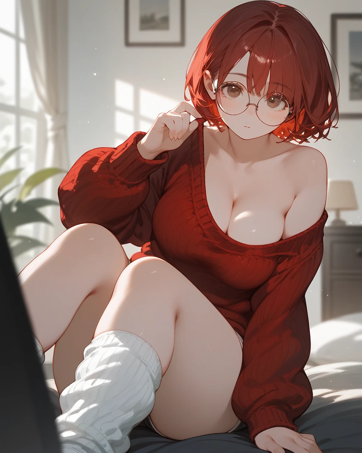 score_9, score_8_up, score_7_up, score_6_up, <lora:92MXL_P6_lokr_V4302:0.95>1girl, red-framed eyewear, sweater, dog, sleeping, breasts, glasses, ahoge, red hair, closed eyes, unworn eyewear, large breasts, on back, lying, ribbed sweater, turtleneck sweater, couch, turtleneck, long sleeves, animal, brown sweater, short hair, solo, blush, upper body, parted lips, black sweater, on couch, crossed arms