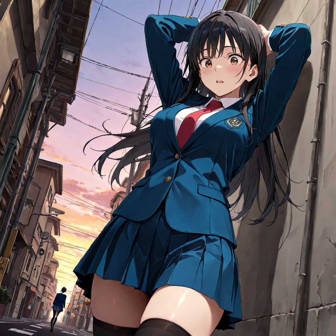 (highest quality:1.2, Anime artwork, Anime Style, Studio Anime, Very detailed, up to date, Vibrant, Anime Coloring, High Contrast, masterpiece:1.2, highest quality, Best aesthetics), blue plaid pleated skirt:1.5, Red tie:1.5, Black blazer, (Private School Uniforms), Beautiful thighs, Black knee-high socks, Gradient Hair, triple bun, Perfect body line, Skin with attention to detail, cute, Detailed face, dance:1.4, Random Pause, Motion Blur:1.2, alley, bustling street, Accurate Fingers, evening, Illuminated by the setting sun, Soft lighting,