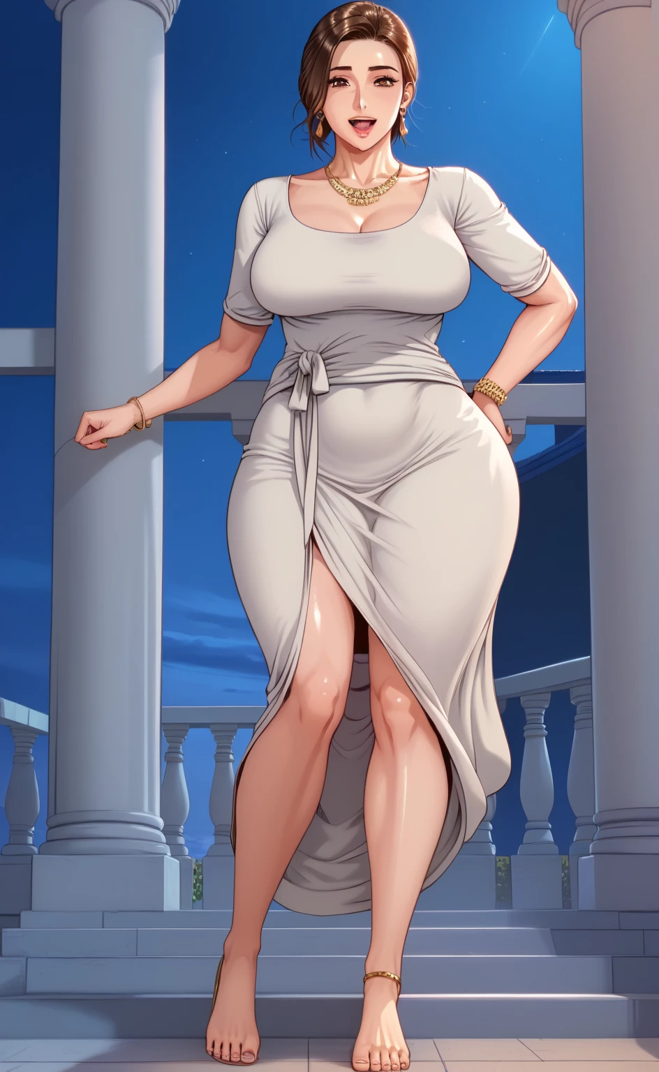 tessafowler, 1girl, solo, full body, slim, no makeup, wedding dress, red high heels, ((huge breasts)), (beautiful), (masterpiece), (best quality), (extremely detailed face), perfect lighting, realism, tile floor, <lora:jdsealStyleLora:0.6>,