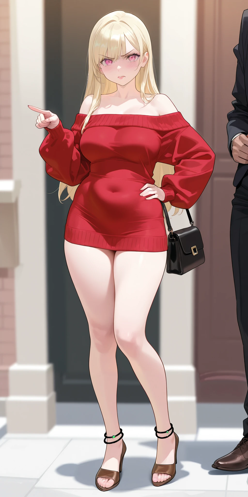 An extremely beautiful woman with blonde hair. She has extremely fair white natural skin, big pink eyes, big plump candy-red glossy lips, medium breasts, and a perfectly slim slender curvy body. She's only wearing an oversized tube off-shoulder red sweater, feet anklets, and brown heels. She's standing straight, angry expression, pointing a finger at a man, the other hand on her hip, carrying a purse, her little daughter hides behind the woman, and a street in the background. Show her full body.