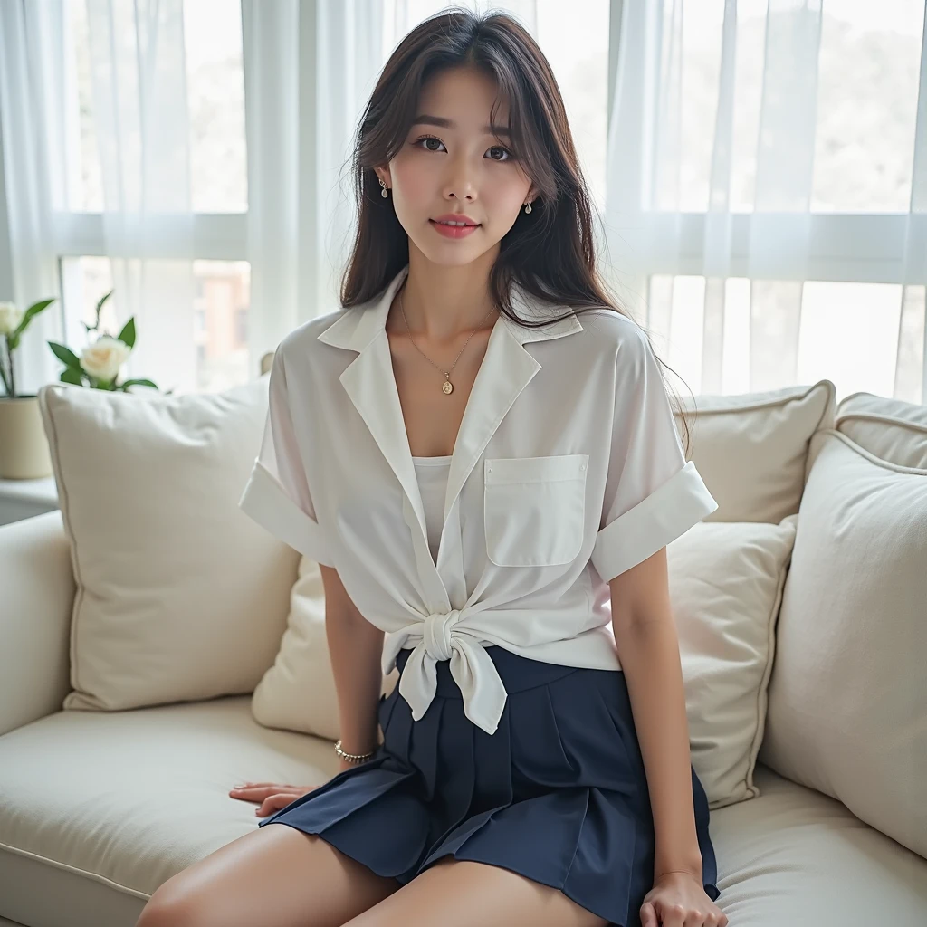 8k, Raw photo, highest quality, masterpiece:1.2), masterpiece, highest quality, figure, Very detailed, Fine details, High resolution, 8k,wallpaper, Perfect dynamic composition,(Detailed high quality, Realistic depiction of eyes:1.3)、A woman who has been and has her hands tied、Arms wrapped around his back, hands tie behind back, Inside a beautiful hotel room at night、Sitting on the bed、Outside the window is a night view、 With legs wide open、White panties are visible、Tartan plaid pleated skirt、whole body、The whole thing faces forward、21talent、Beauty、Well-formed face、Make your eyes even、Beautiful black hair、Has bangedium build、Well-balanced proportions、Beautiful legs、Blue Short Sleeve Blouse、Fresh face、Beautiful scenery、