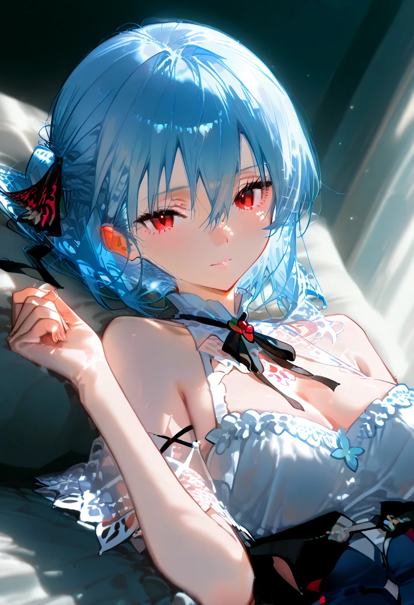 Highest quality、High resolution、masterpiece、Cute anime-style illustrations、One image、One Woman、Light blue hair、Short Bob、Grey Eyes、White Cami Dress、Big Breasts、Stylish older sister、smile、city


