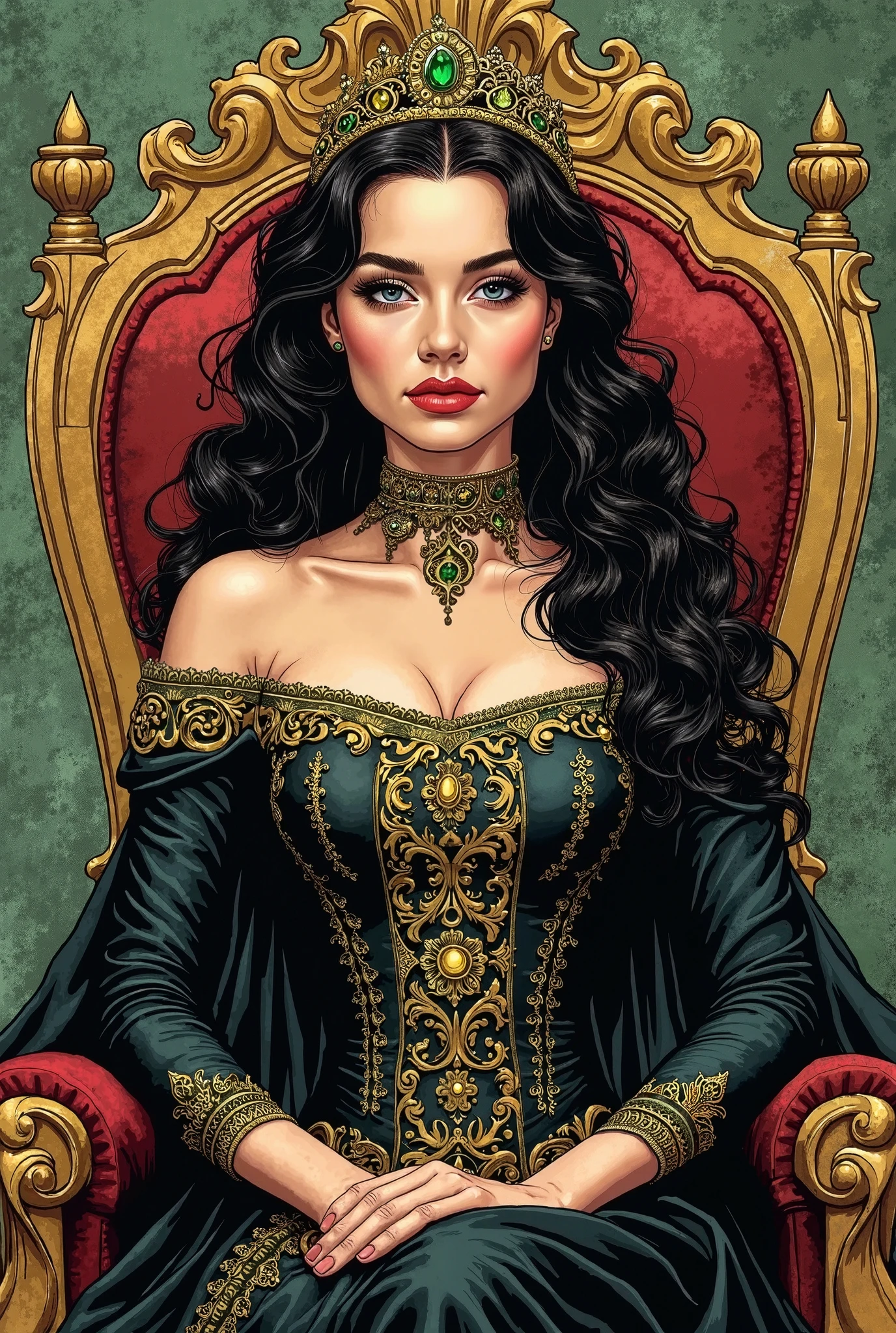 An extremely attractive woman (Emeraude Toubia), with long wavy black hair, red eyes painted with black pencil, full lips painted red, full breasts, thin waist, wide hips, large and round buttocks, thick and toned thighs, with soft, and she also has long nails and sharp red nails, tanned skin wearing these clothes: - **Color**: The clothing is predominantly **black** with details in **gold**. - **Bodice**: It has a bodice with vertical stripes in **dark blue**. - **Sleeves**: The sleeves are long and appear to be made of a material similar to **leather**. - **Shoulder pads**: There are **golden and ornate** shoulder pads on the shoulders. - **Belt**: A **golden** belt with intricate details is at the waist. - **Accessory**: The character appears to be holding a sharp object in her right hand, which could be a **weapon**, but it is not completely visible.