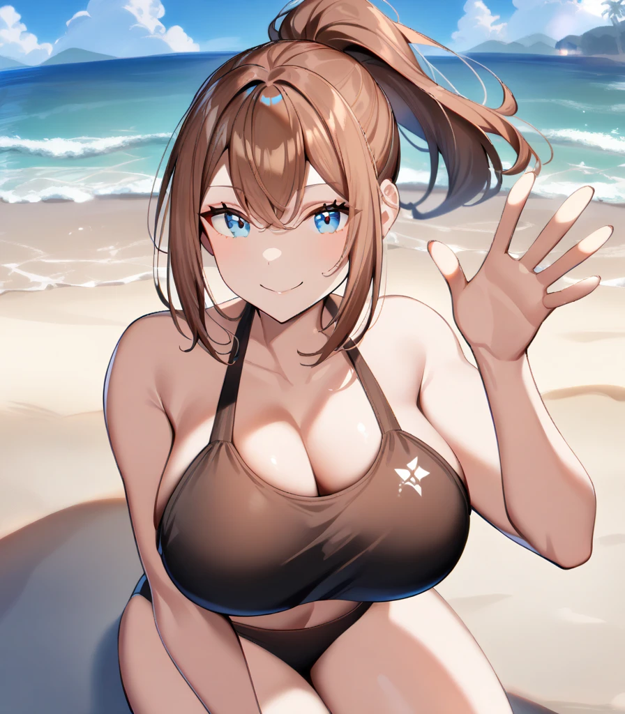 (Best quality:1.3), nakano miku, brown long hair, hair between eyes, bikini, large round breasts, smiling, (from above view, breasts focus), beach