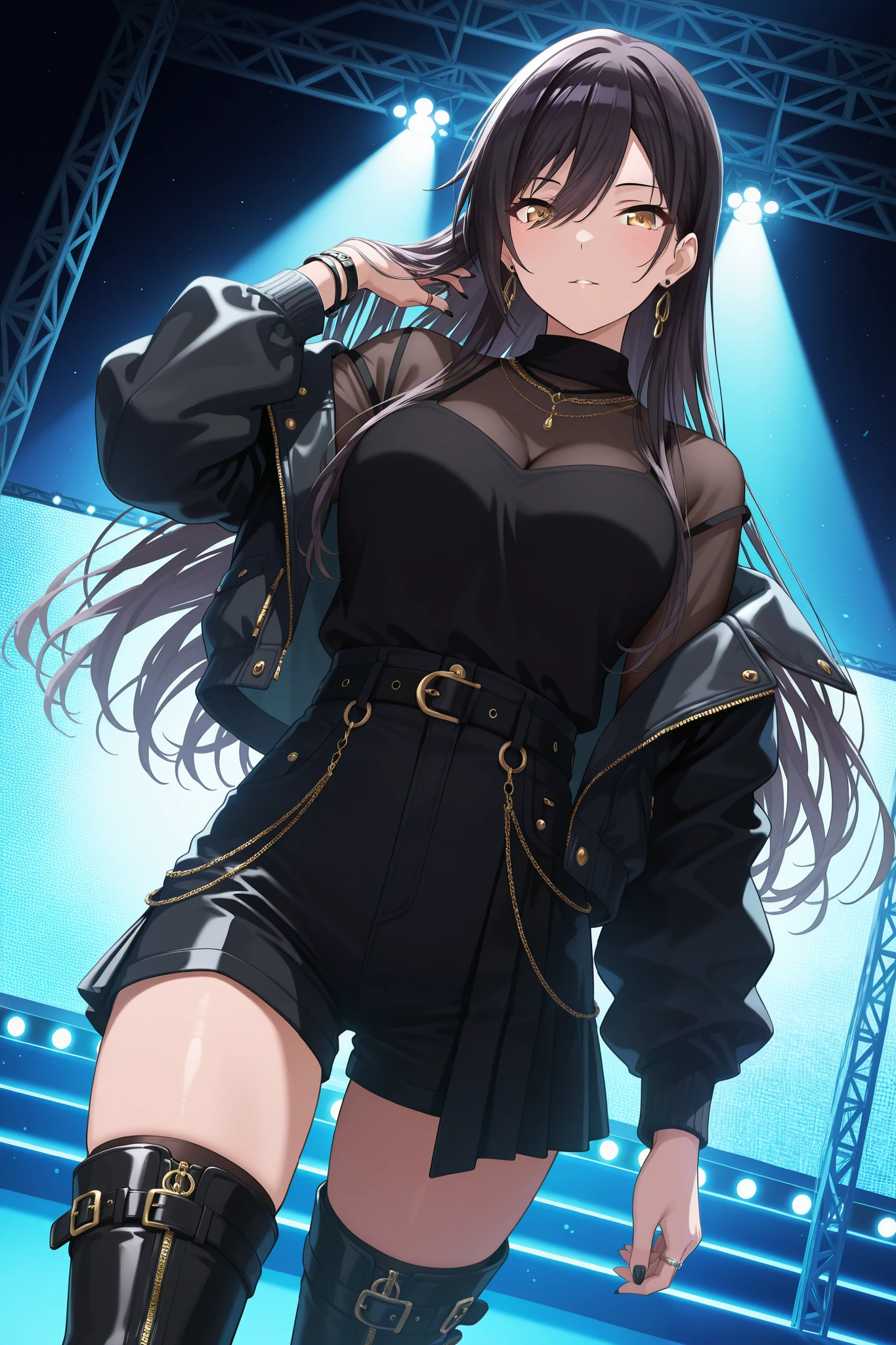 Shirase Sakuya, black hair, long hair, yellow eyes, hair between eyes, 1 tall girl, solo, jewelry, thighhighs, looking at viewer, black nails, breasts, shorts, thigh boots, earrings, boots, ring, see-through, dutch angle, shirt, nail polish, skirt, hand in own hair, stage,black shirt, black thighhighs, jacket, (aged up:1.4),