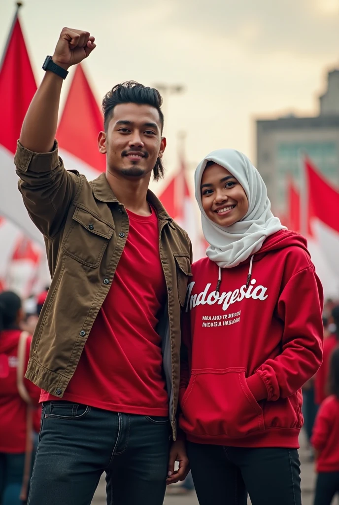 5D caricature of a beautiful woman wearing a hijab and a handsome Indonesian man wearing a headband with writing "Indonesia" 22 years old, smile sweetly. Indonesia, Indonesian woman wearing a red shirt that says "MV Indonesia", and white pants and black shoes holding the Indonesian flag August. with a backdrop of mountains and lakes.