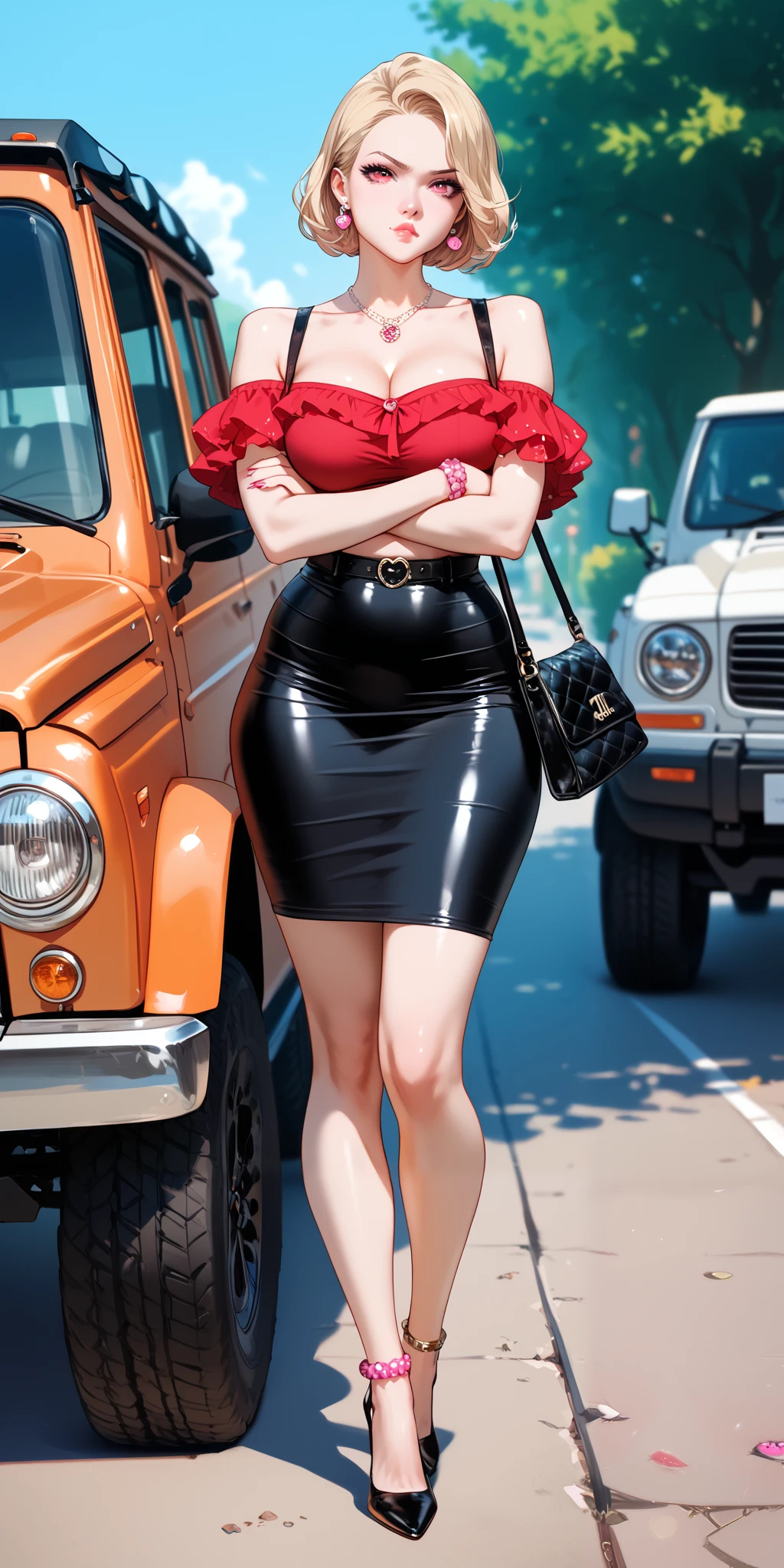 2 heads,Portrait of a 40 year old woman with short brown hair, a captivating gaze, Brown eyes, She wears a very sexy black evening dress that reveals big flabby breasts, Light makeup and red lips. 32K