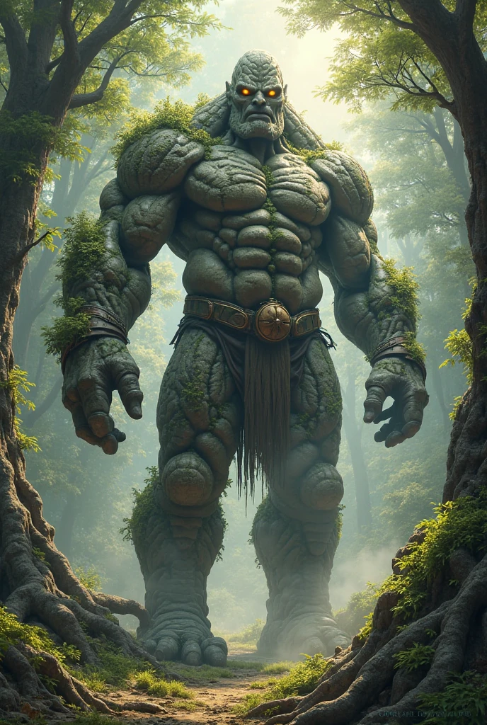  "A towering humanoid elemental made of earth, standing in a forest clearing. Its body is composed of layers of rock, soil, and dense moss, with jagged stones protruding from its shoulders and back. The face is roughly shaped, with glowing green eyes set deep within a craggy brow. Vines and roots are intertwined around its limbs, giving it a slightly overgrown appearance. The hands are large and heavy, ending in fingers that resemble thick, sturdy branches. The legs are wide and solid, with the feet blending seamlessly into the earth beneath, as if the elemental could sink into the ground at any moment. The overall form is muscular and powerful, exuding an aura of ancient strength and connection to the earth. The background is a dense, ancient forest with towering trees and a misty atmosphere, giving a sense of deep-rooted natural power.