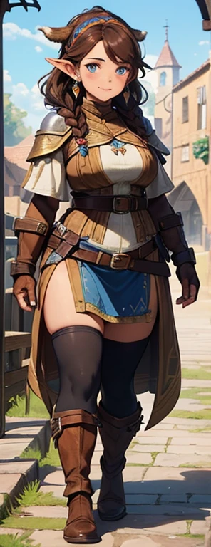 A girl, Стиль Assassin's Creed, short clothes, Little clothes, knee boots, Bracelets on the legs, Medieval town in the background, renaissance, higly detailed, Realistic full-length photography, 4k
