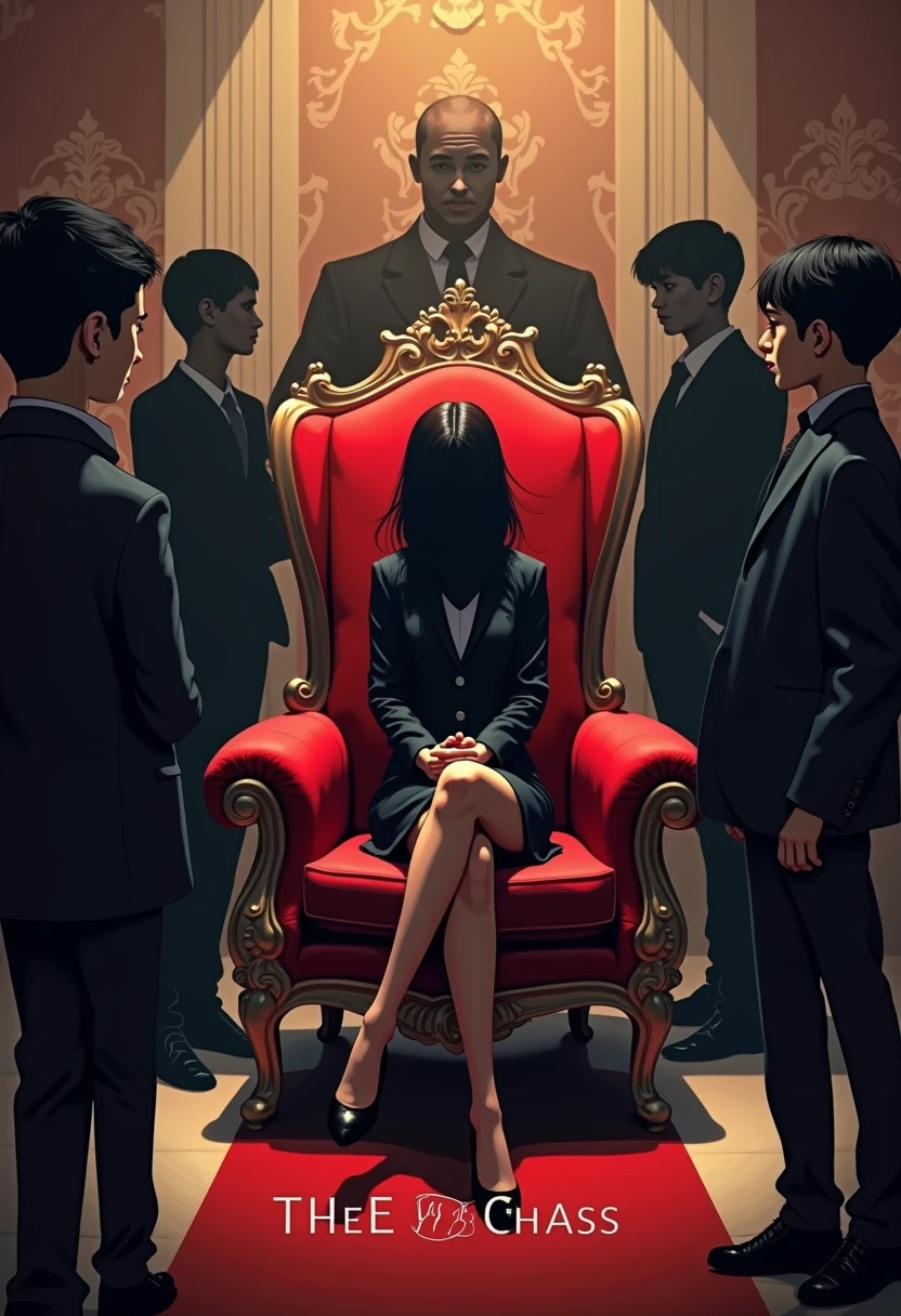 Mafia girl, anime art, long hair, sit on chair, 5 man