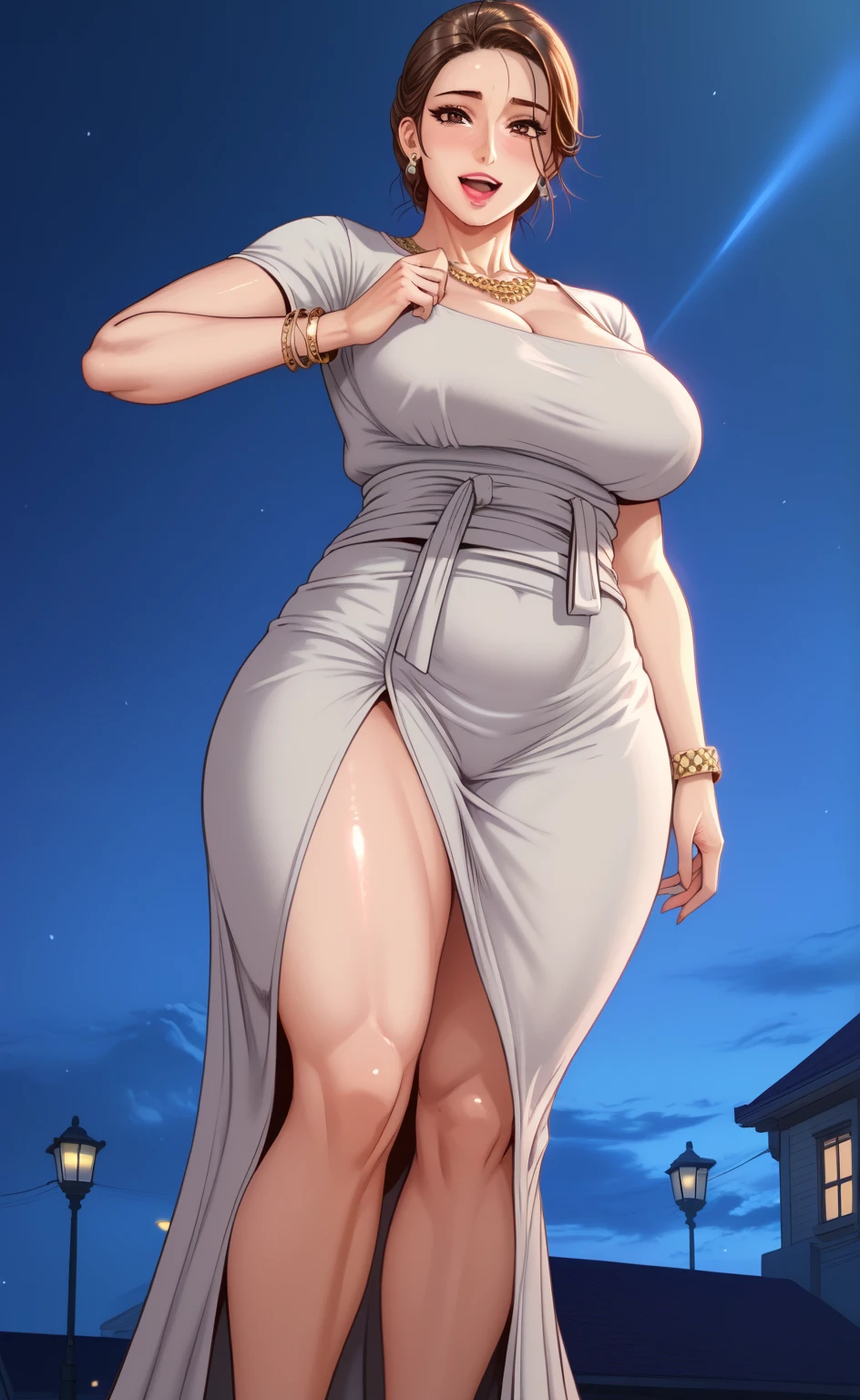 masterpiece, Highest quality, High resolution, One girl, alone, sexual intercourse, Pornographic images, short hair, etsukoto, Brown eyes, fine grain, fine grain, (white skin color), (((Thick thighs, Plump thighs, Voluptuous thighs, Thighs alone are enough))), ((Huge and enough breasts, Cleavage, Big long breasts)), Naughty big,((Big breasts are important))、((Naughty thighs)), L Cup, (thin:1.4),(Tight waist:1.4), (Yellow Dress:1.4), ((white waist apron)), White panties, (((Simple Background))), smile, Open your mouth, ((Wide Hips)), (Shiny skin, Oily skin), Mature mother, Calf, Seductive mature woman, Mature Woman, Perfect body, Plus Size Model, Curvy, enough, etsukoto, blush, clavicle, retro artstyle, 1990s (style), (Thick thighs:1.4), (from side:0.9), [standing], (spread legs), bare legs,