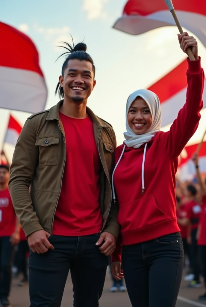 very high quality photo, independence scene, a woman wearing a hijab from Indonesia with a man wearing glasses, short hair combed neatly, wearing a red and white t-shirt carrying a flag posing on the side of a city road, full body, realistic and cool visual effects, looks real and perfect, UHD 64K, very sweet
