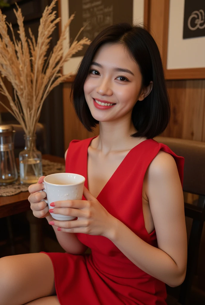 ((highest quality)), ((masterpiece)), (familiar), Perfect Face, masterpiece、highest quality、High resolution、wallpaper、Realistic、Bright lighting、Professional Lighting、Face Light、Smooth lighting、Japanese women、20th Gen Midplate、so beautiful、Beautiful Skin、Beautiful and detailed、familiar顔、slim、moderately、short hair、Brunette colored hair、Brown eyes、Looking at the camera、Cafe sofa、 commercial photography, Beautiful Instagram influencer girls, The best smile,Daytime、No collar shirt