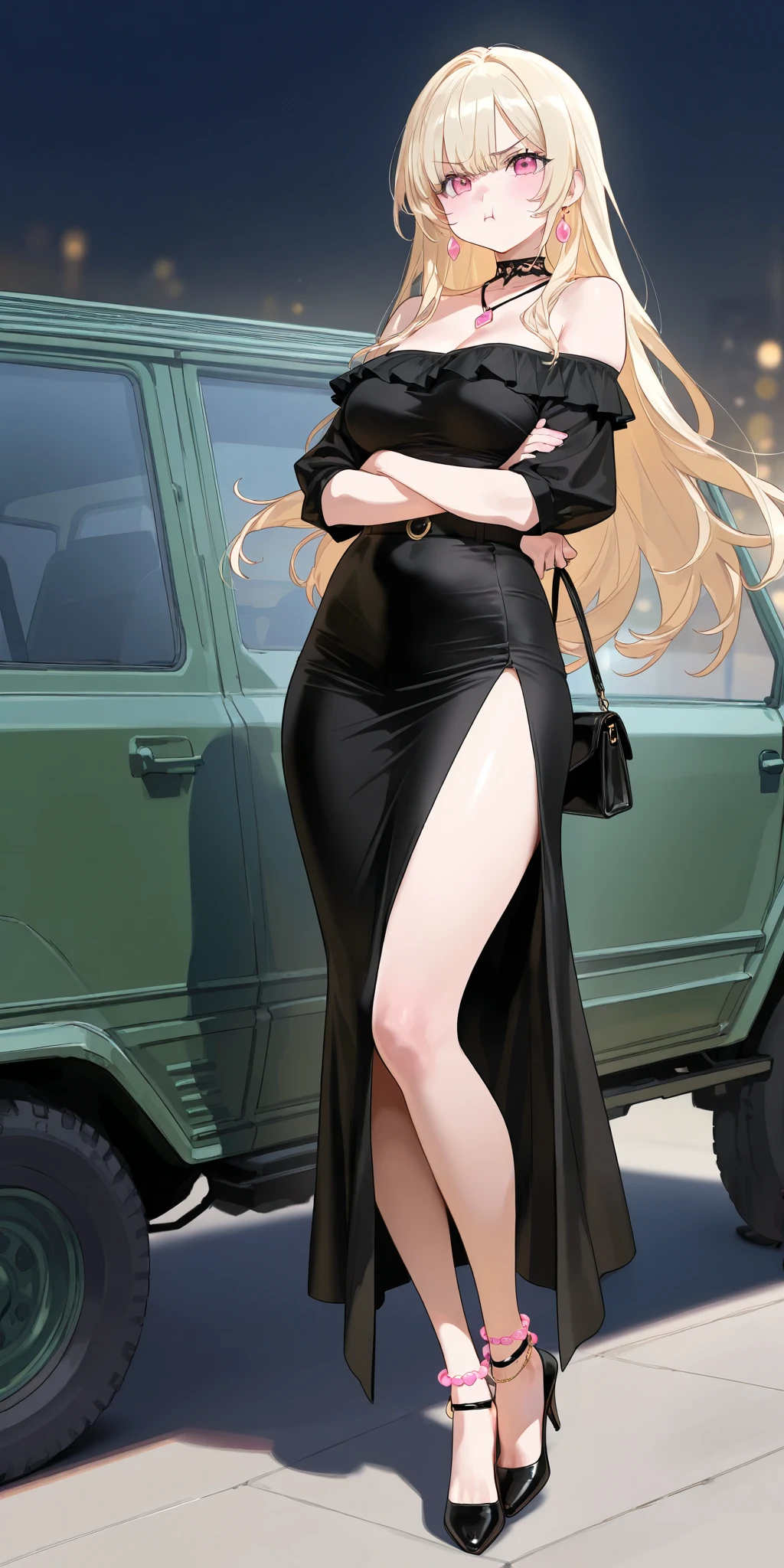 An extremely beautiful woman with blonde hair styled maturely. She has extremely fair white natural skin, big pink eyes, big plump candy-red glossy lips, medium breasts, and a perfectly slim slender curvy body. She's only wearing a red off-shoulder top, a revealing sexy short black skirt, feet anklets, and black heels. She's standing straight, cute pout, arms crossed, carrying a purse, and a big jeep in the background. Show her full body.