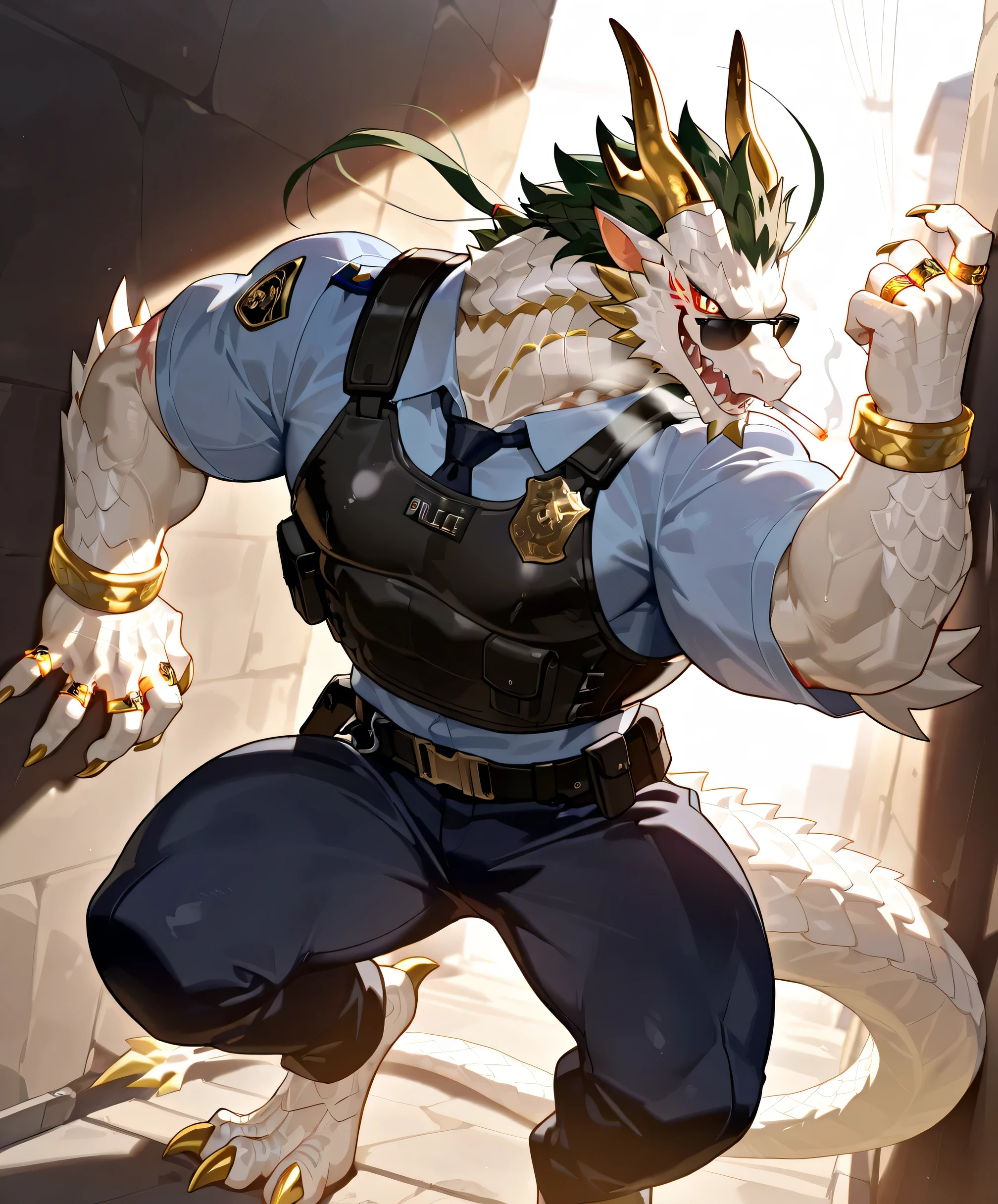 masterpiece, best high quality , high quality , Ultra High Resolution , anime style,Fantasy magic style ,(Muscular ,Big muscles, muscular male:1.1),alone,whole body,1male,furry dragon,White Oriental Dragon,White Dragon Scales , white body , Golden Dragon Horn , have a colorful ring on the dragon horn ,delicate eyes,detail eyes,Heterochromic pupils,a red eye , a golden eye ,White sclera, Visible scars on the face , white body 标记 ,5 Dragon Fingers ,5 toes,Dragon claws:1.2,Golden Dragon Nails ,Dark green hair , Tail cluster , wearing a police uniform ,( white dragon claws have an element ring floating on the back:1.2), sunshine,( sunshine照在脸上:1.3, wearing a police uniform ,standing against the wall),whole body wearing a police uniform ,sunglasses, with a cigarette in his mouth ,,Evil Smile,standing against the wall,Cold Breath , A sunny , sunshine, sunshine照在脸上, In a dark alley ,near-view,front viewer,by fansl:0.8,by bebebe:0.3,by sollyz:0.6,by shanggulangwang :0.6
