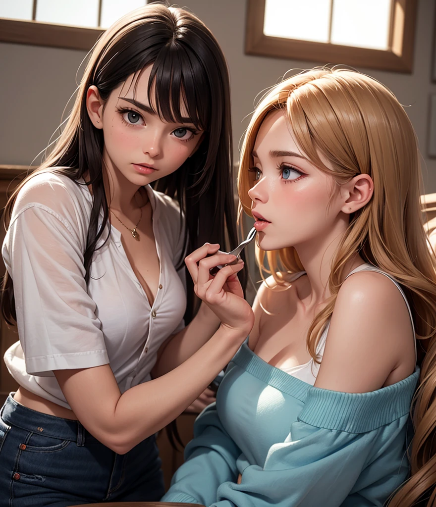 Three girls, six hands, up to five fingers in each hand. Kiss each other face to face. (Breasts grasped by hand: 1.5). Perfect Body, {{}}, {Perfect Body}, {Delicate Face}, {{Best Quality}}}, {{Super Detail}}, {{Masterpiece}}}, {{Best Quality}}}, {{Super Detail}}, {{Illustration}}, {Messy Hair}, {Messy Hair}}}}, Clear Facial Features, Clear Skin Features, Clear Areola, Lace, Black Lace, Ahgao, Realism, Realism, Neorealism, Octane Rendering, Corona Rendering, UE4, High Detail , Ultra High Quality, High Resolution, 8K Art Station Trend, HD, Hyper-Realism, Telephoto Lens, Chest Lens (MCU), First Person View, Film Lighting, -Imagination-