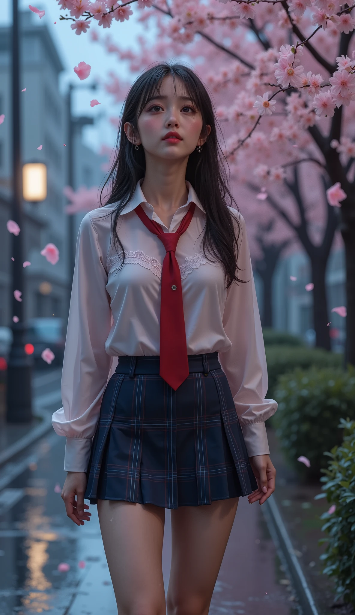 ((桜並木を歩いているgirlたち))(RAW shooting、photorealistic:1.5、8k、best image quality、masterpiece、super high resolution)、Perfect Dynamic Composition:1.2、Night Street Corner、looking up at the sky:1.3、((Heavy rain due to typhoon )))、very detailed skin and face textures:1.2、 slim schoolgirl wet in the rain :1.3、sexy beauty、perfect style:1.2、Aesthetic and beautiful 、 white skin、very beautiful face、(Rain dripping all over my body:1.2、wet hair:1.4、wet hair:1.2)、Water drops on skin、(big breasts、 chest gap)、(Shy Laughter、expression when feeling intense caress、Expression of pleasure)、(Beautiful Blue Eyes)、 perfect body、 perfect fingertips、)、best qualityの作品、Live-action film、Ultra Premium Graphics、8K HD CG Works、 High Definition Graphics 、High-definition CG works、10x pixel、 Ultra Fine Details :1.1、Advanced Technical Details:1.1、photorealistic、室内Lighting Effects:1.5、natural light:1.5。Lighting Effects(Virtual Lighting Effects:1.8)、(fine eyebrows)、(high nose)、(Beautiful red lips)、(Rose Cheek)、(Subtle makeup face)、(girl)、(cute face)、(perfectly balanced face)、(Light-toned foundation)、(Enhance skin clarity)((off shoulder、Translucent Wet White Blouse、loose red tie))、((navy blue check mini skirt)).(wet pink lace bra、ピンクのNipples)、cute clothes with swirly designs、Heterochromatic eyes、銀髪のgirl、off shoulder壁紙HD、(Nipples))、(Puffy eyes:1.2)、(thin legs)、(Light on face and chest)、((((under-bobbed chest))))、Underbab、oily skin、in the garden、(The underside of the chest is slightly visible)、 (Underbabが見え、Belly button and ribs visible)、Visible hips and lower abdomen、 40k、pictures、on the table、best quality、 rain background、((明るい髪のgirl の作品、full body view、realistic、is amazing、My eyes are sparkling today as well、(smile)、(Cherry blossom petals fluttering in the air)、(Amid a flurry of falling cherry blossoms)、(smile)、(Hair fluttering in the wind)、((skirts soar up in the style)、(Pink floral panties visible)、
